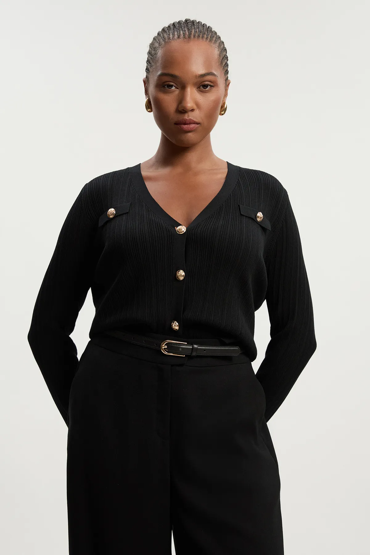 Plus Size Viscose Blend Dry Handle Rib Military Trim Cardigan BKK25732