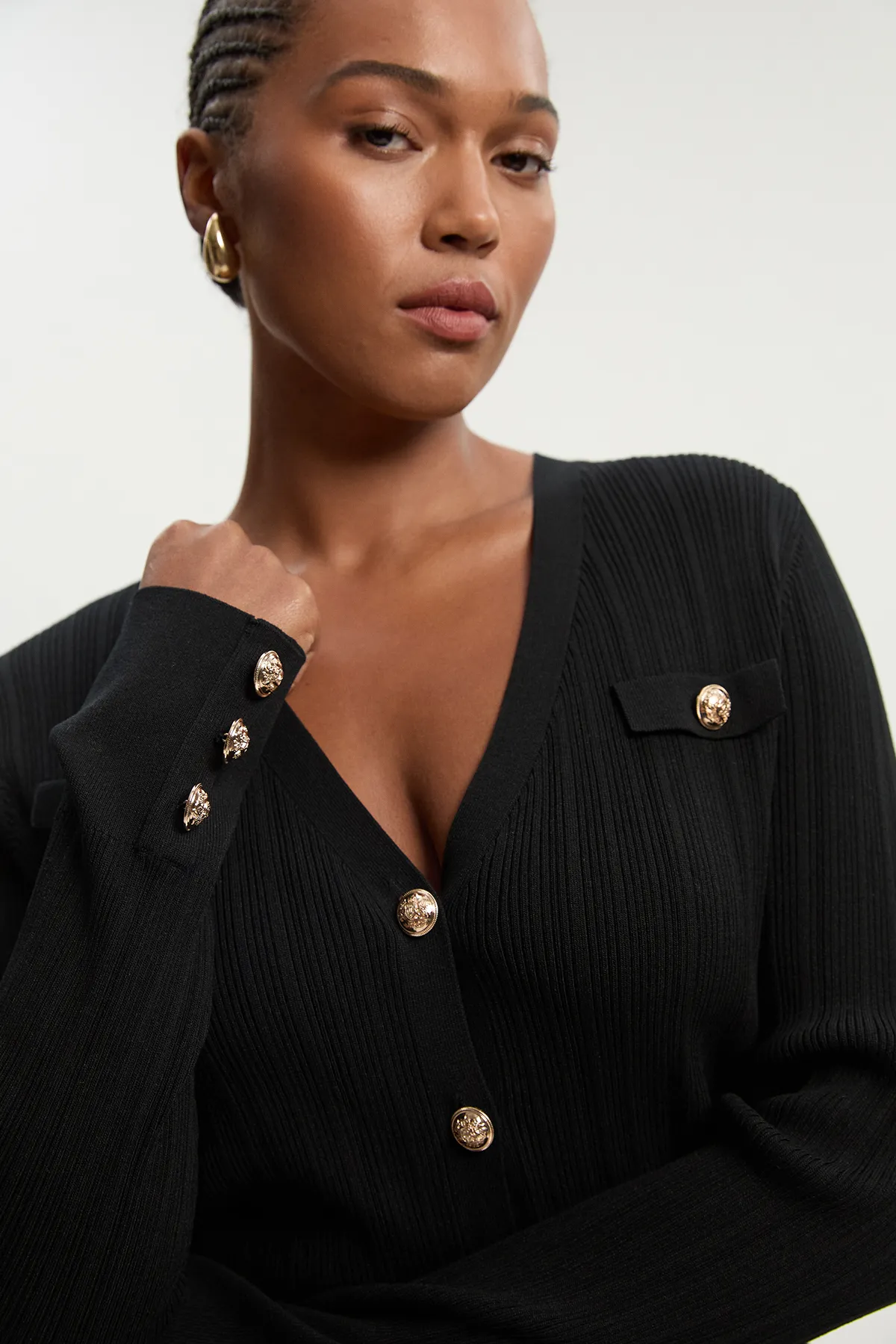 Plus Size Viscose Blend Dry Handle Rib Military Trim Cardigan BKK25732