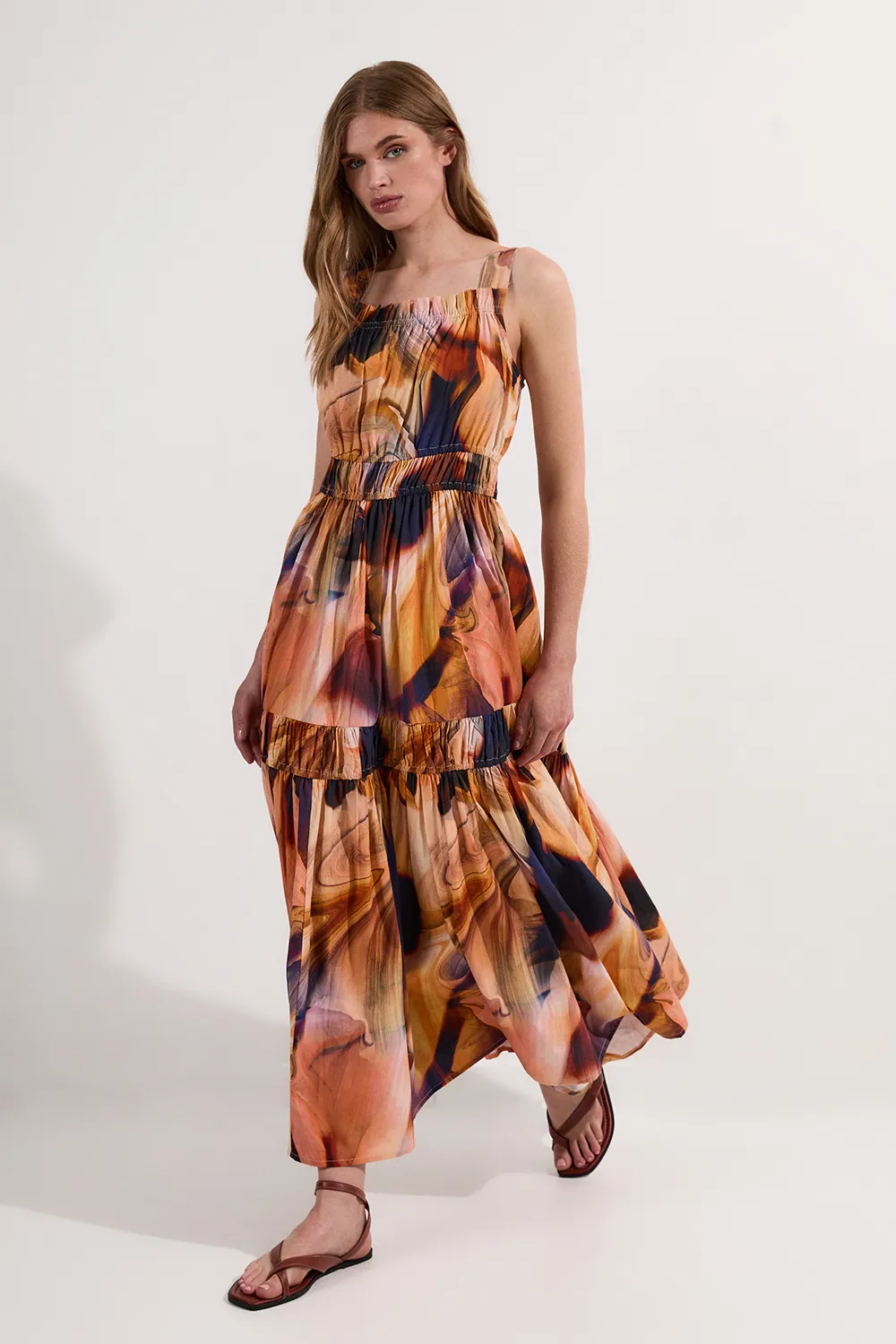 Petite Shirred Cotton Tiered Printed Woven Maxi Dress BKK25748