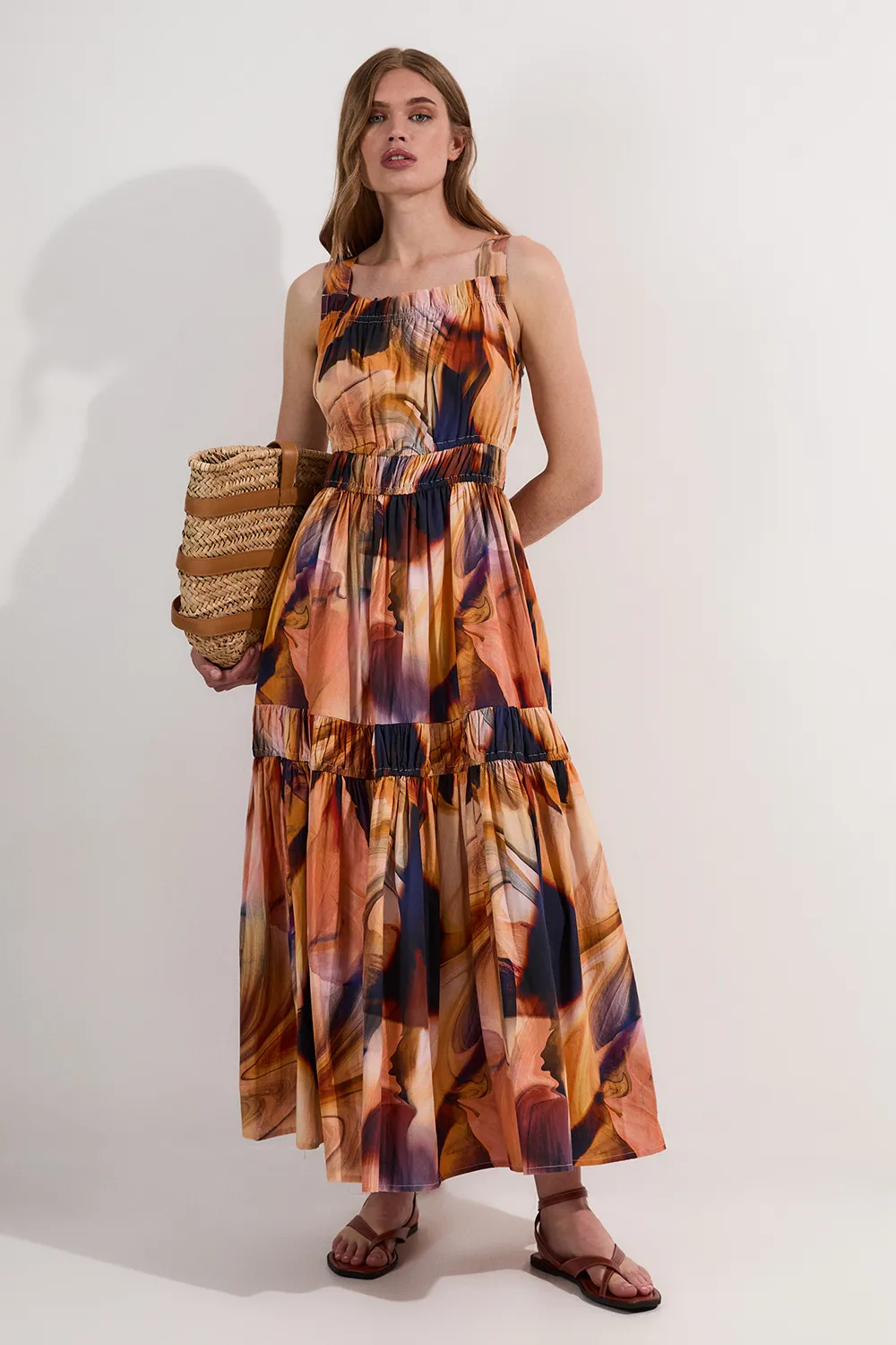 Petite Shirred Cotton Tiered Printed Woven Maxi Dress BKK25748