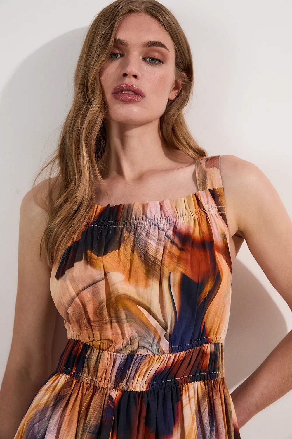 Petite Shirred Cotton Tiered Printed Woven Maxi Dress BKK25748