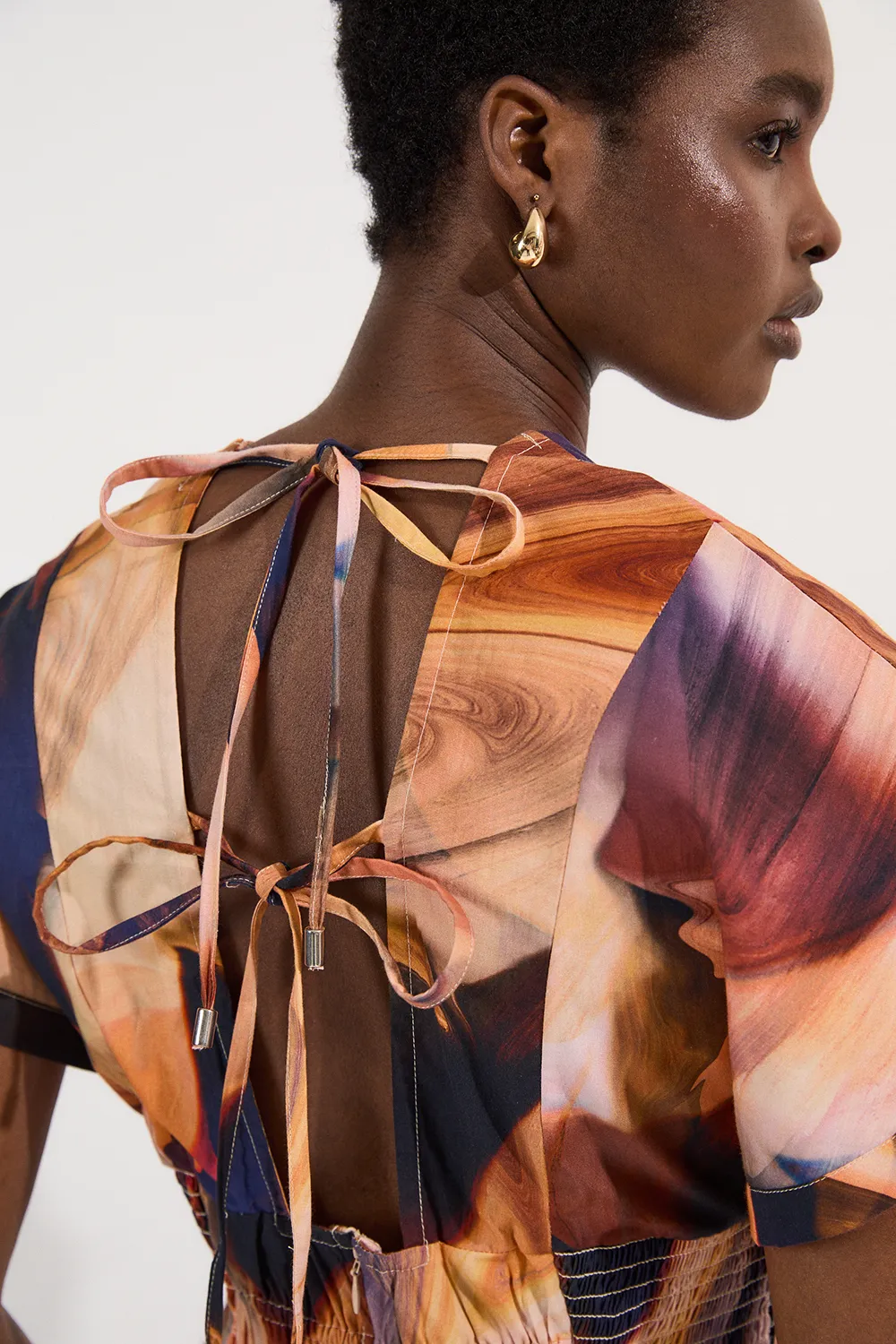 Shirred Cotton Printed Woven Plunge Neck Short Sleeve Top BKK25750