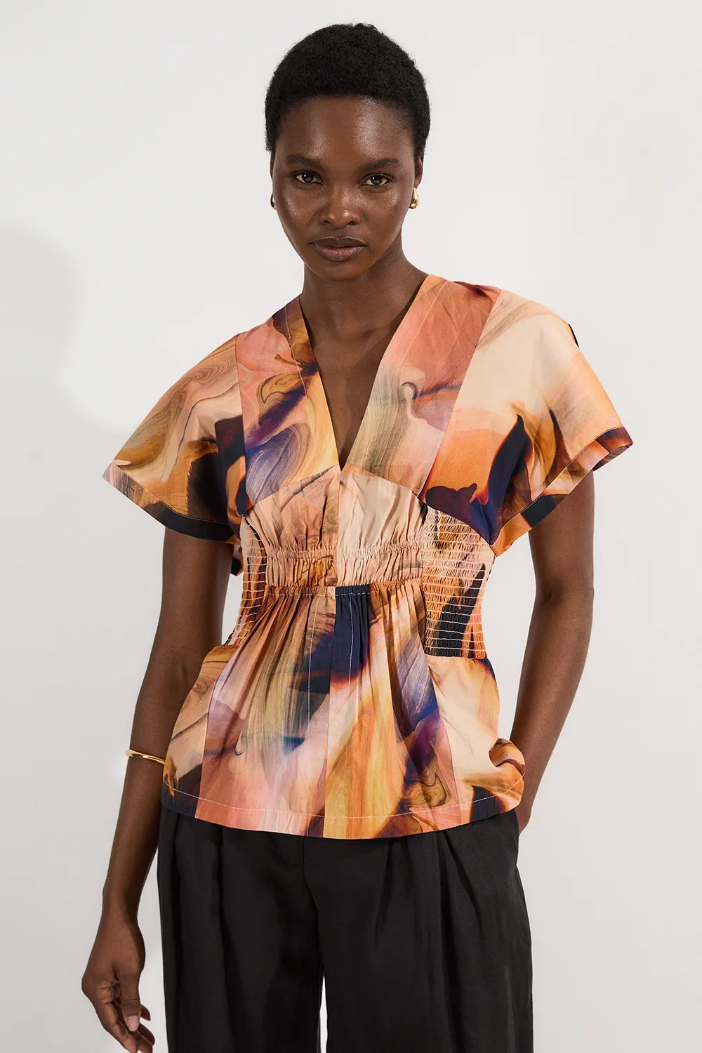 Shirred Cotton Printed Woven Plunge Neck Short Sleeve Top BKK25750