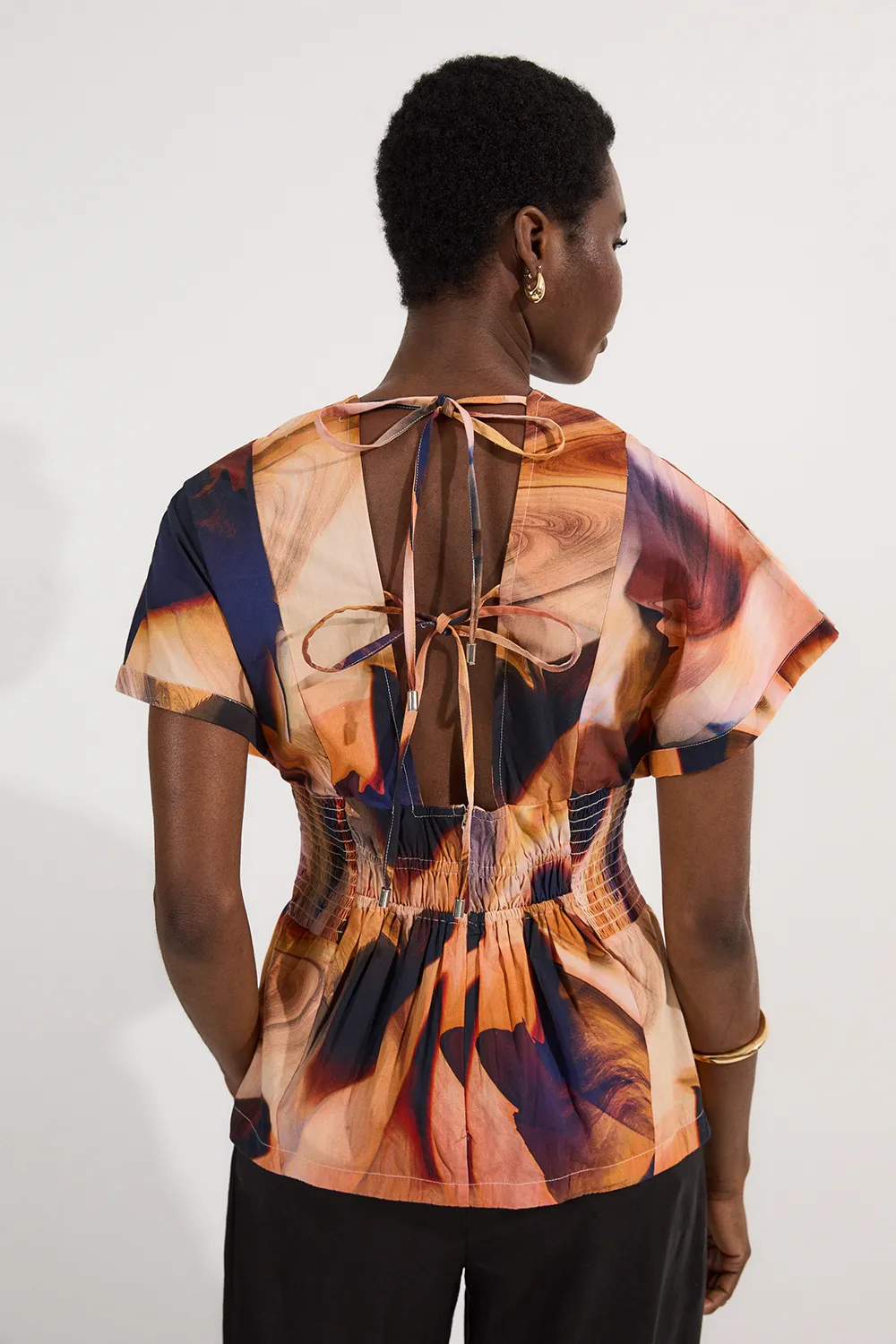 Shirred Cotton Printed Woven Plunge Neck Short Sleeve Top BKK25750 3 Shirred Cotton Printed Woven Plunge Neck Short Sleeve Top BKK25750