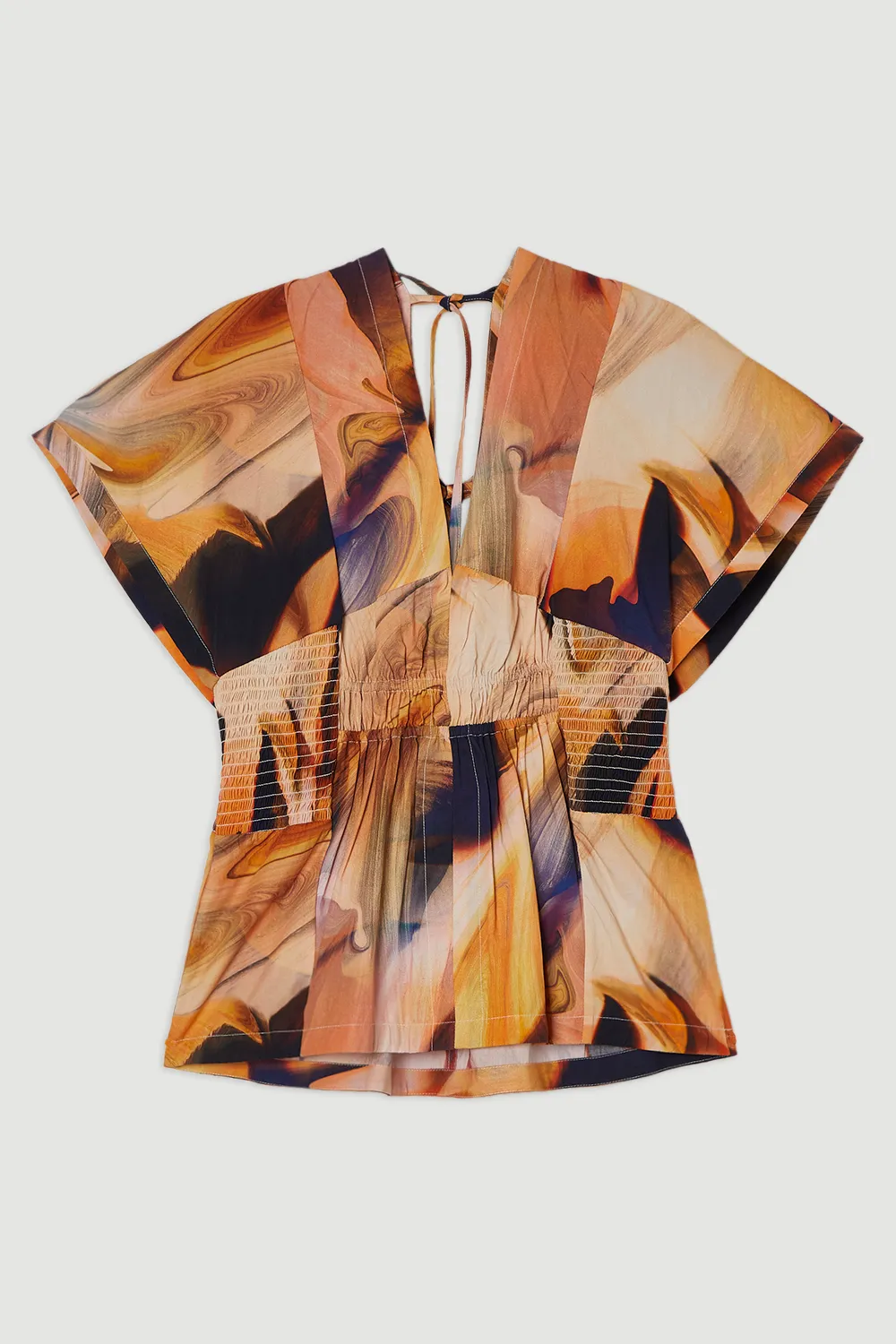 Shirred Cotton Printed Woven Plunge Neck Short Sleeve Top BKK25750 4 Shirred Cotton Printed Woven Plunge Neck Short Sleeve Top BKK25750