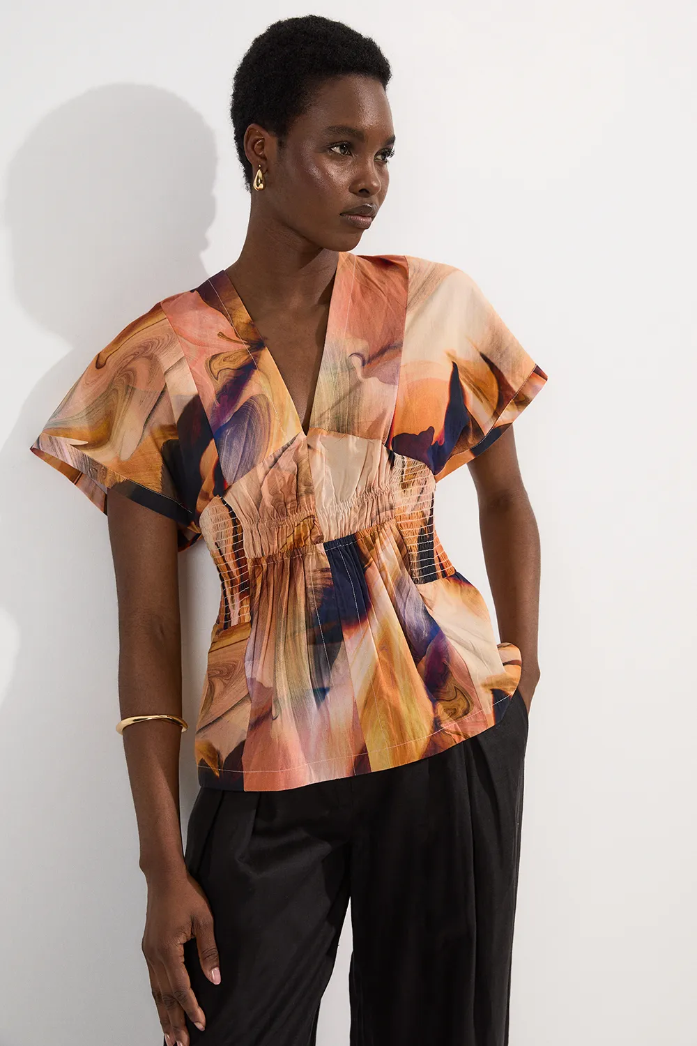 Shirred Cotton Printed Woven Plunge Neck Short Sleeve Top BKK25750 5 Shirred Cotton Printed Woven Plunge Neck Short Sleeve Top BKK25750