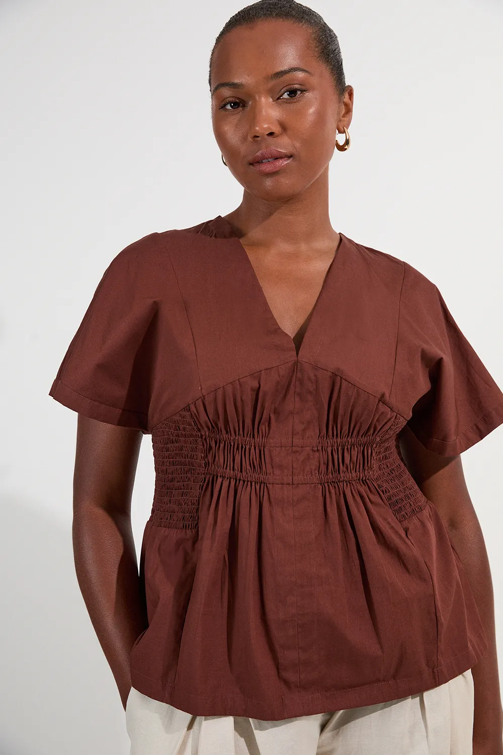 Plus Size Shirred Cotton Woven Plunge Neck Short Sleeve Top BKK25752