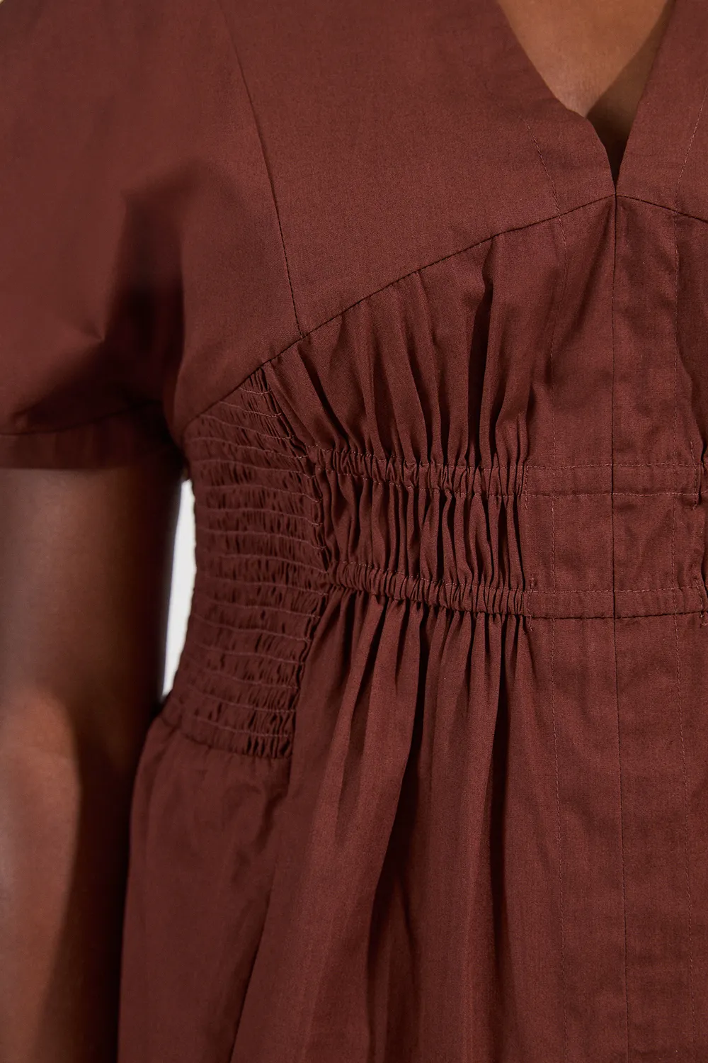 Plus Size Shirred Cotton Woven Plunge Neck Short Sleeve Top BKK25752