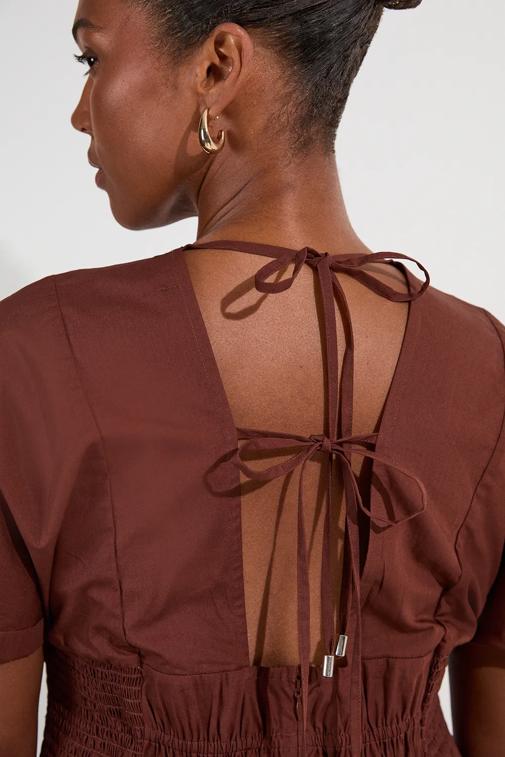 Plus Size Shirred Cotton Woven Plunge Neck Short Sleeve Top BKK25752