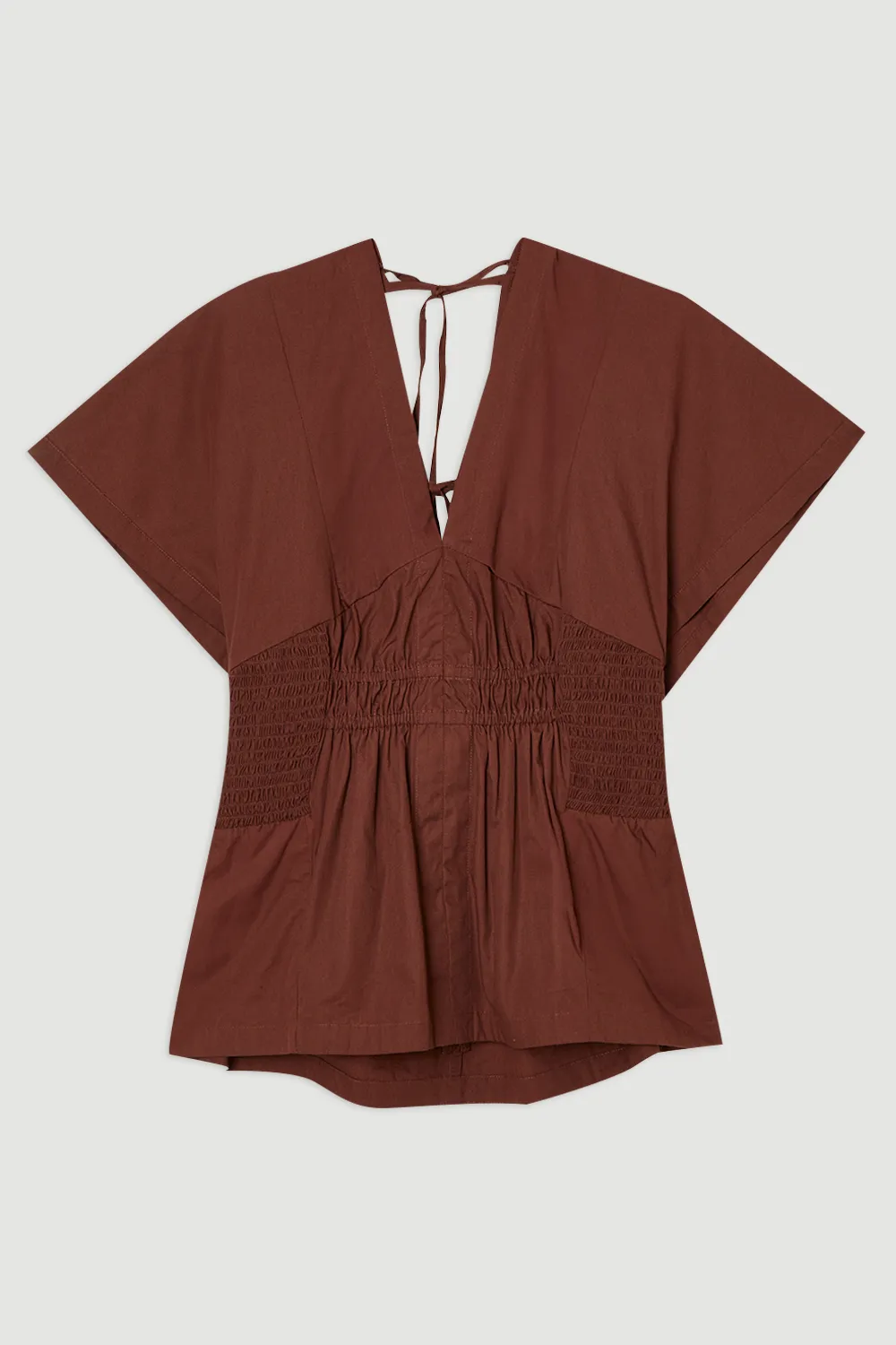 Plus Size Shirred Cotton Woven Plunge Neck Short Sleeve Top BKK25752