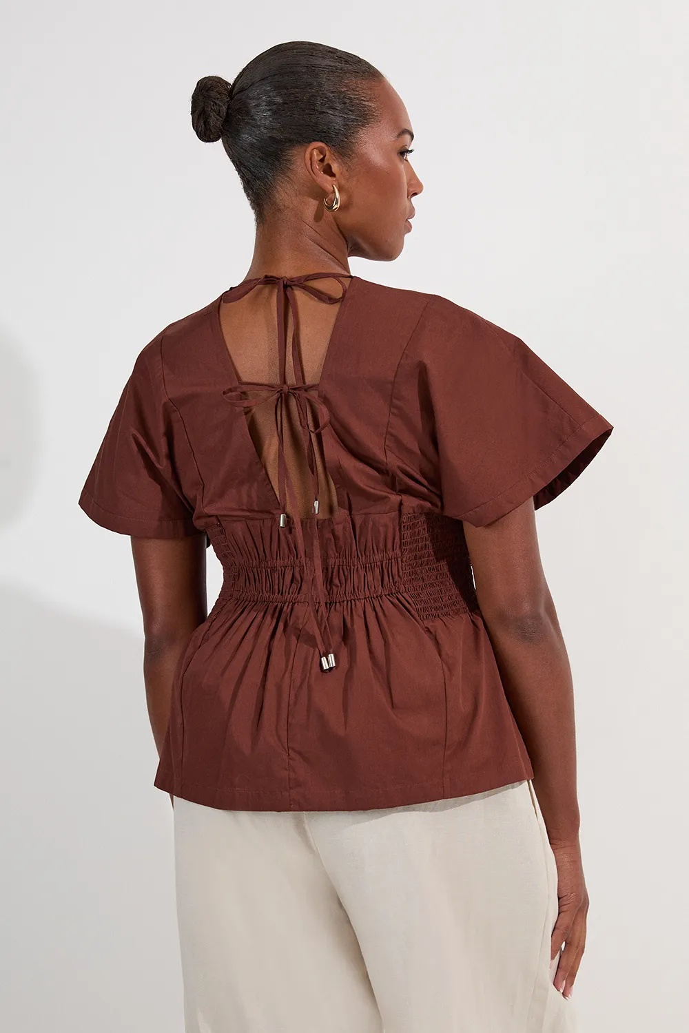 Plus Size Shirred Cotton Woven Plunge Neck Short Sleeve Top BKK25752