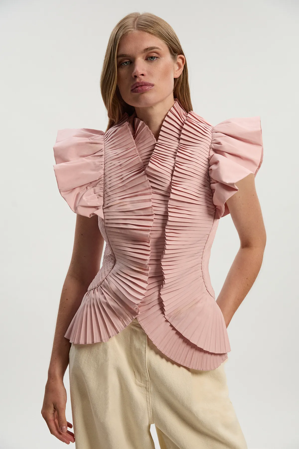 Petite Pleated Ruffle Sleeve Woven Top BKK25812