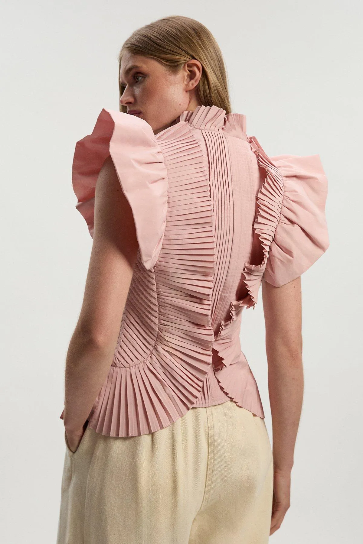 Petite Pleated Ruffle Sleeve Woven Top BKK25812