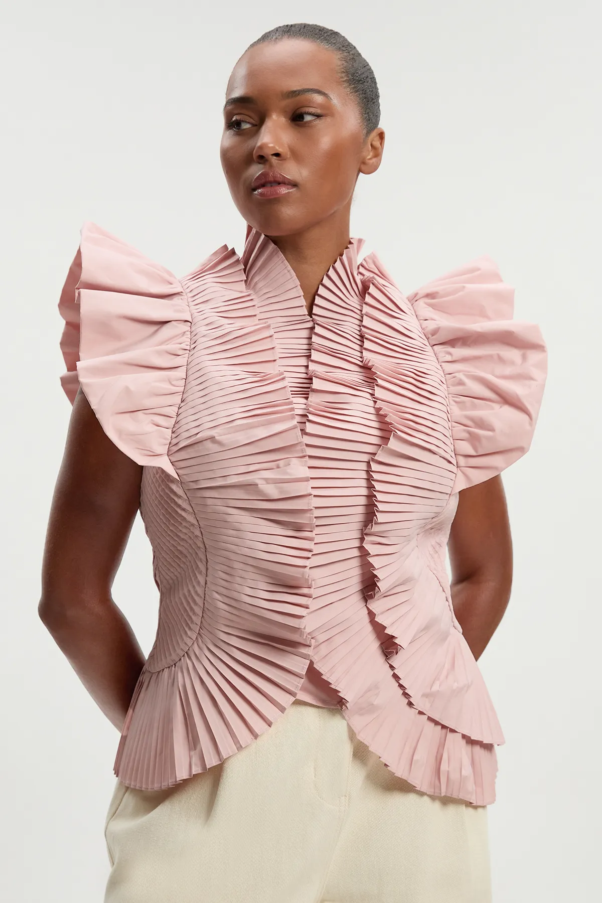 Plus Size Pleated Ruffle Sleeve Woven Top BKK25814