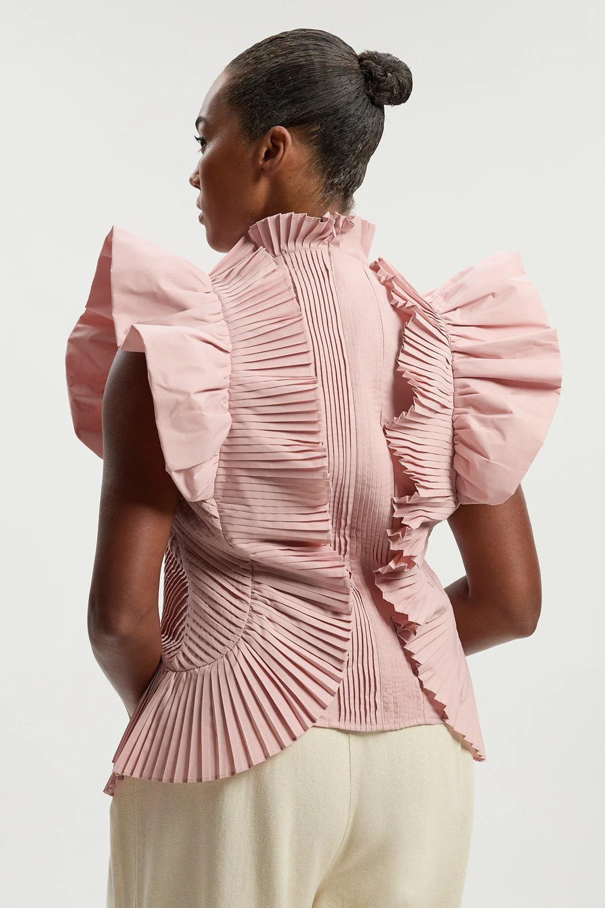 Plus Size Pleated Ruffle Sleeve Woven Top BKK25814