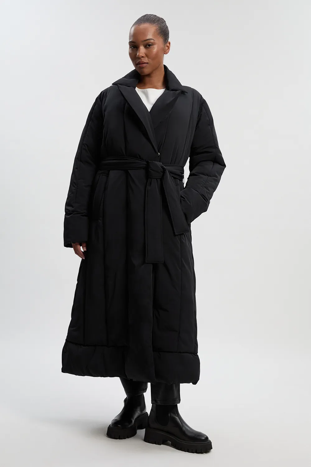 Plus Size Clean Padded Belted Midi Coat BKK25826