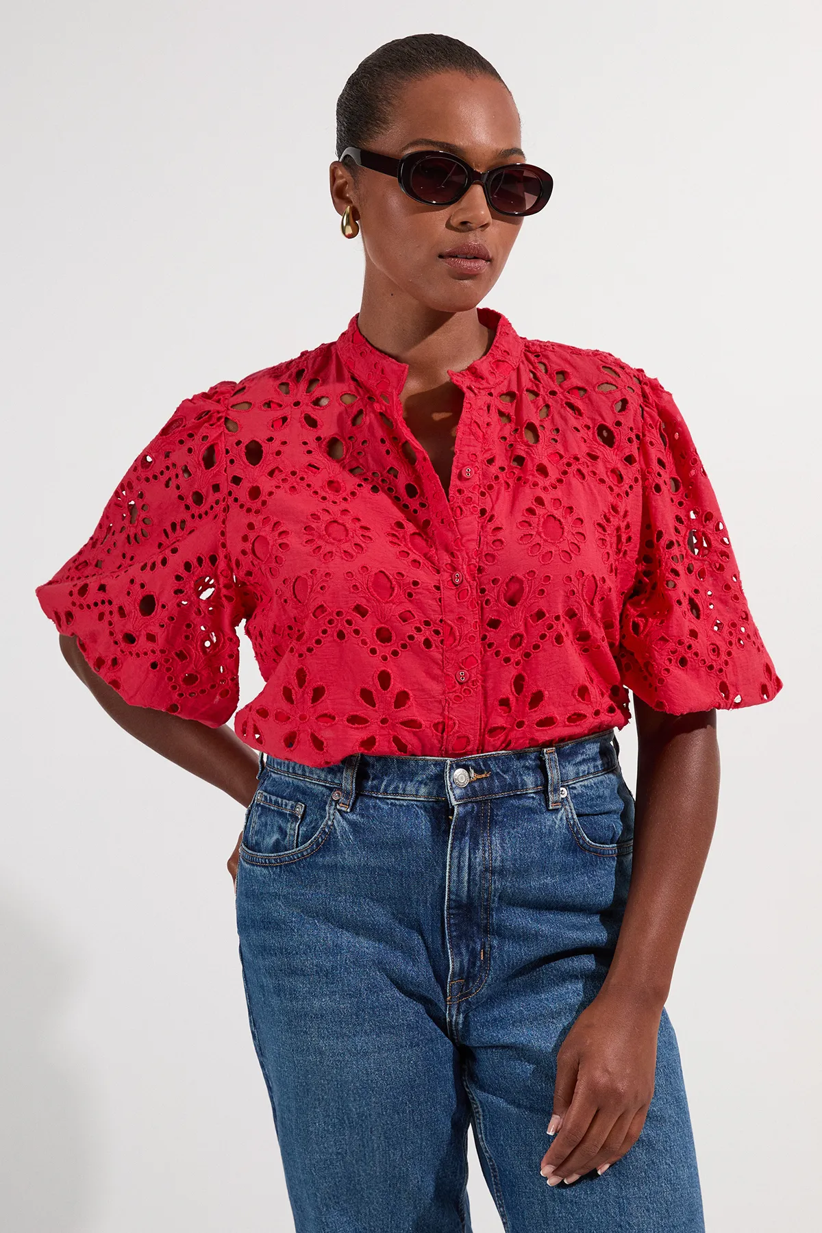 Plus Size Cotton Broderie Woven Short Sleeve Blouse BKK25842