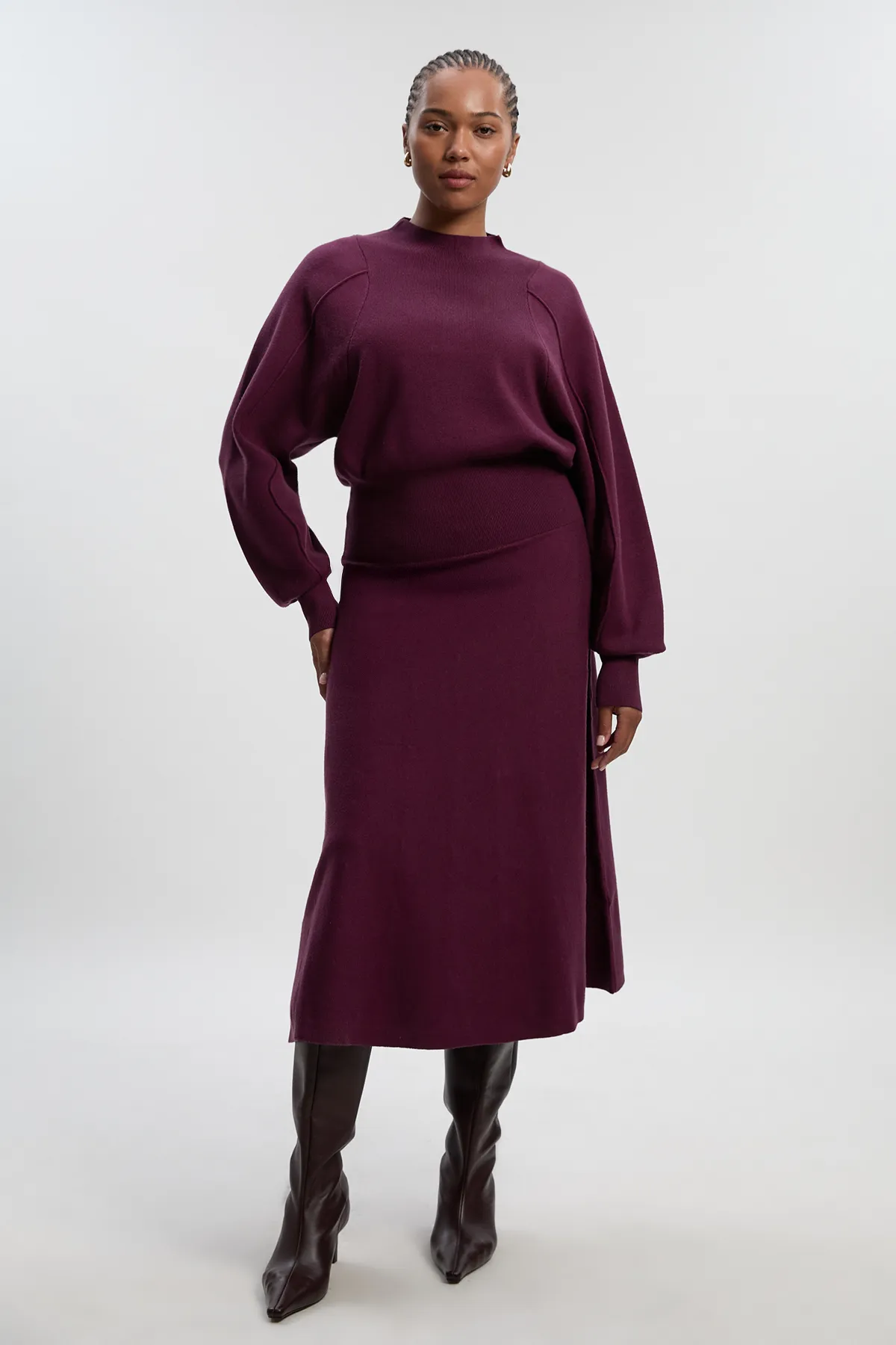 Plus Size Wool Look Rounded Sleeve Knit Midi Dress BKK25932