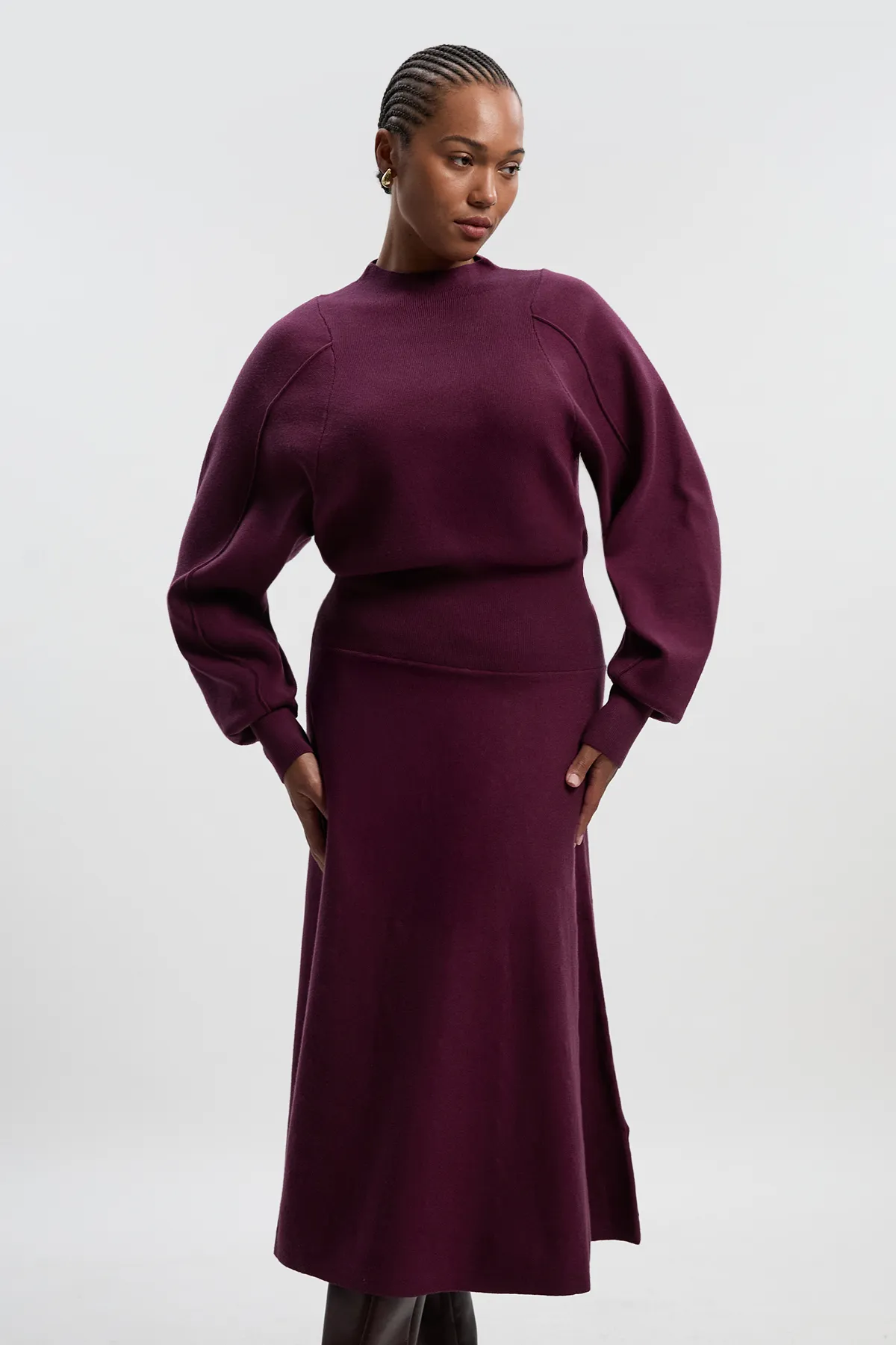 Plus Size Wool Look Rounded Sleeve Knit Midi Dress BKK25932