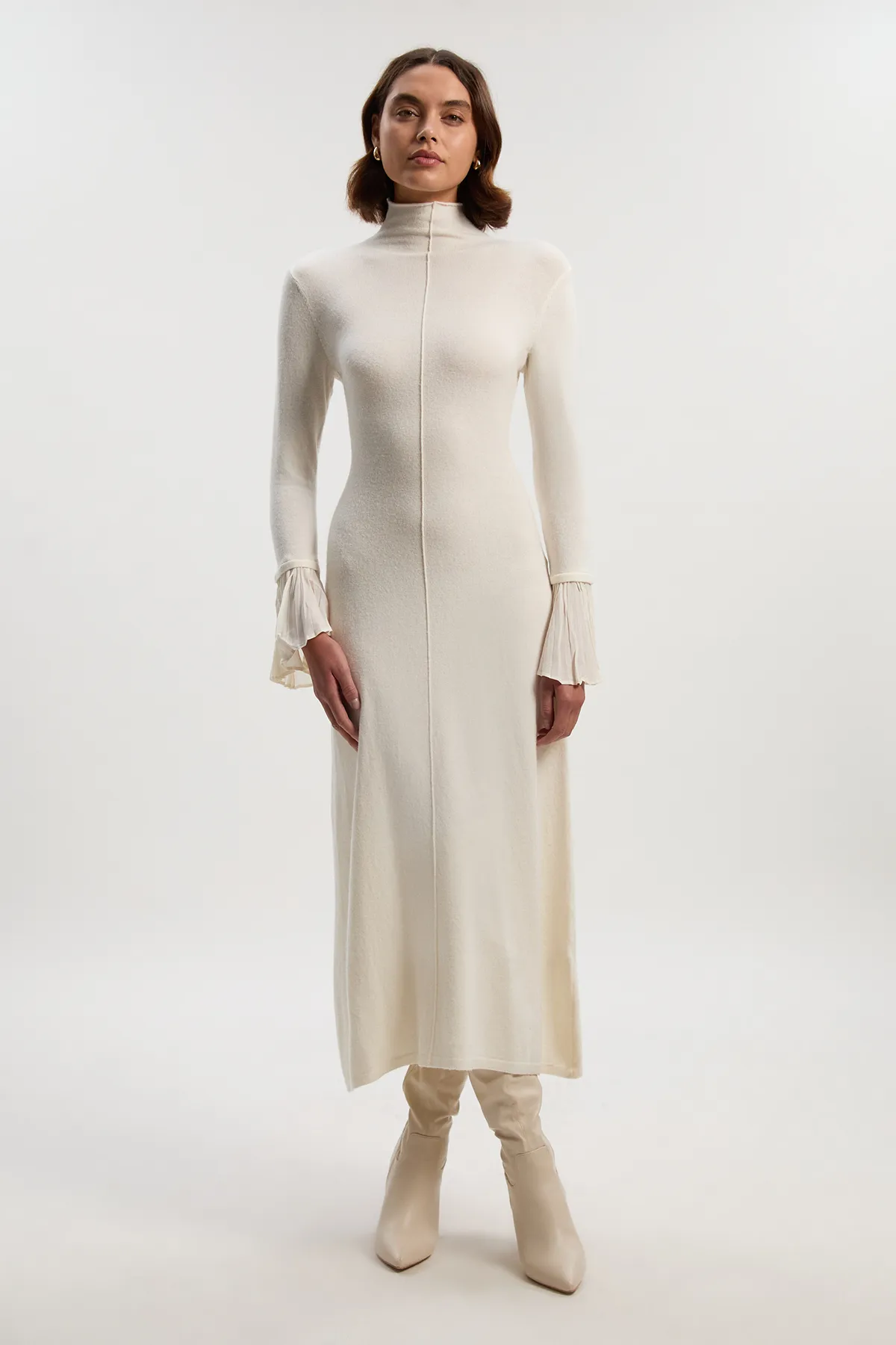 Petite Wool And Alpaca Blend Knit Pleated Silk Woven Cuffs Midi Dress BKK25954