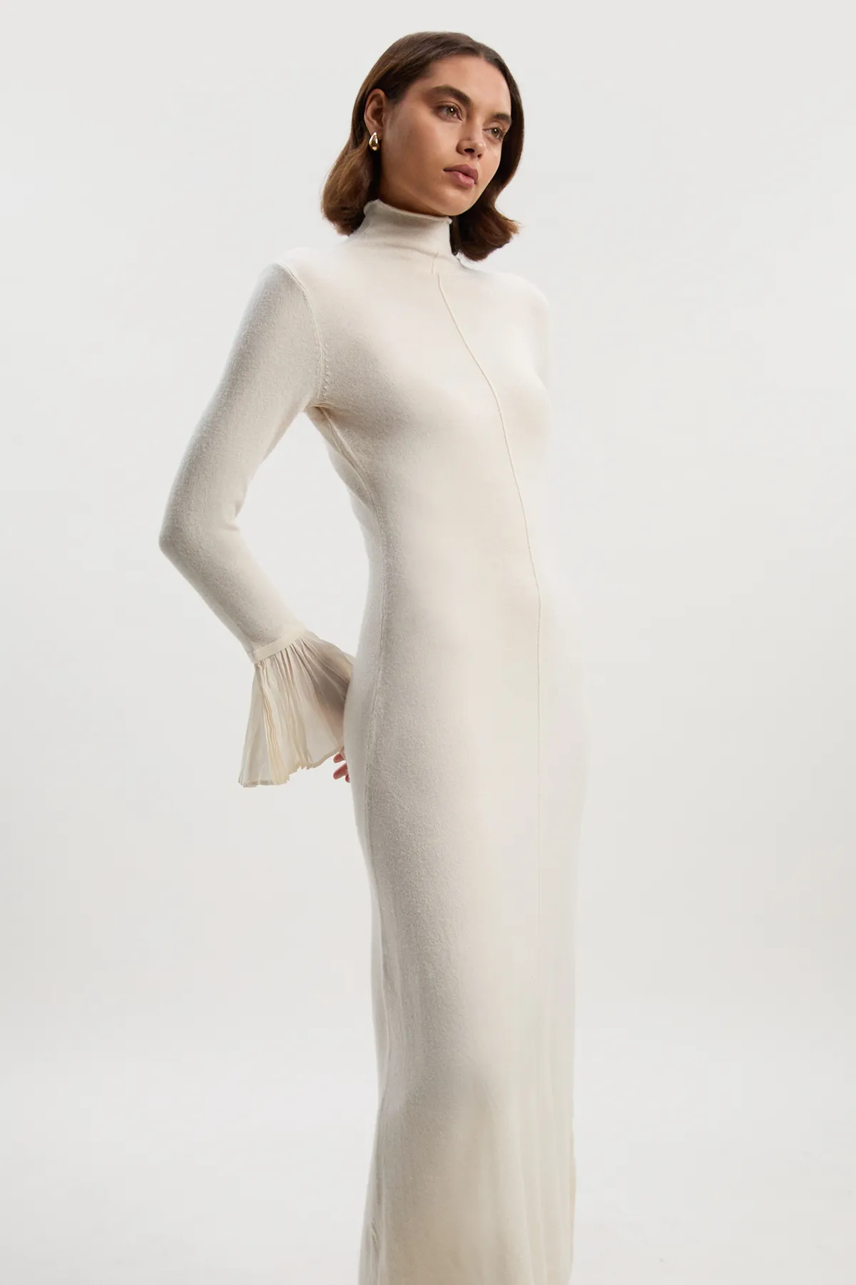 Petite Wool And Alpaca Blend Knit Pleated Silk Woven Cuffs Midi Dress BKK25954