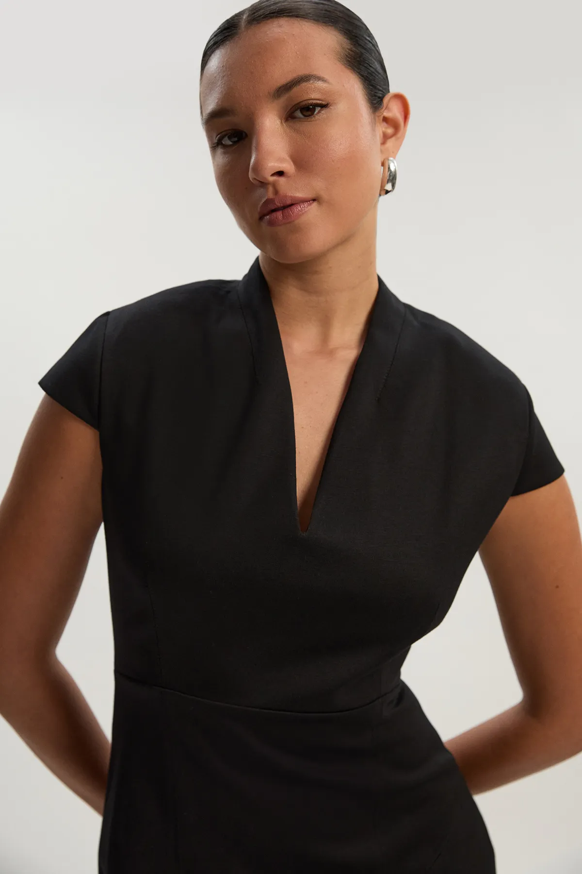 Premium Ponte V Neck Asymmetric Front Tailored Midi Dress BKK25956