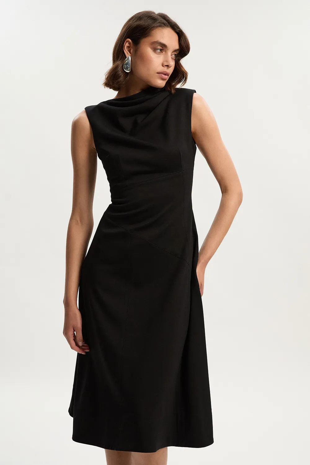 Premium Ponte Sleeveless Asymmetric Front Tailored Midi Dress BKK25958