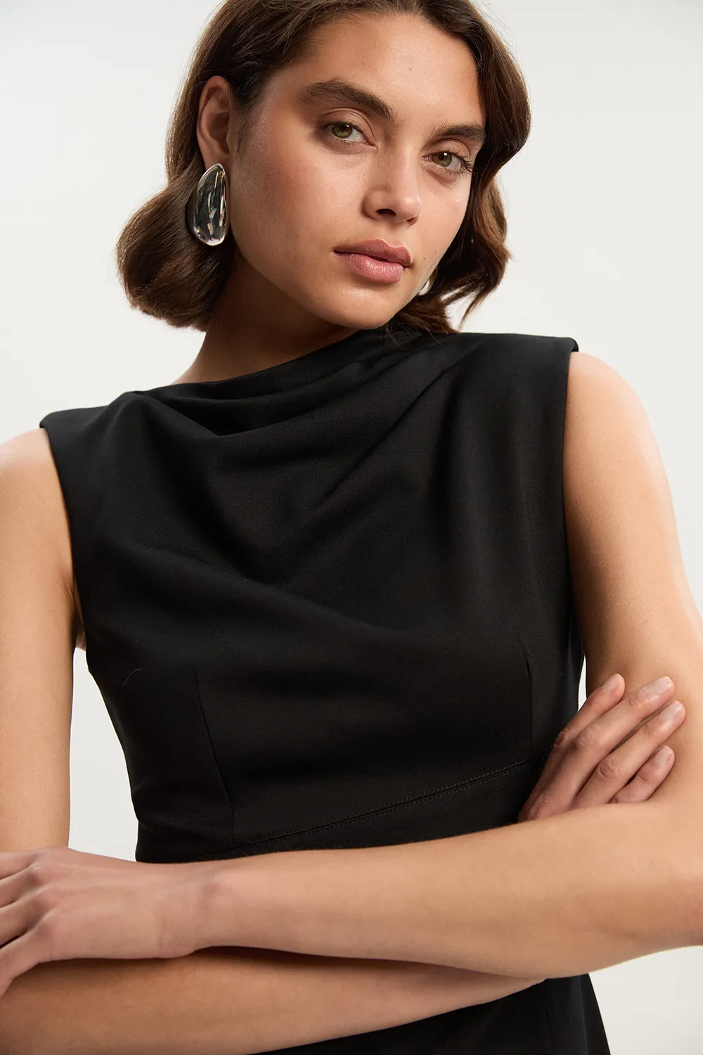 Premium Ponte Sleeveless Asymmetric Front Tailored Midi Dress BKK25958