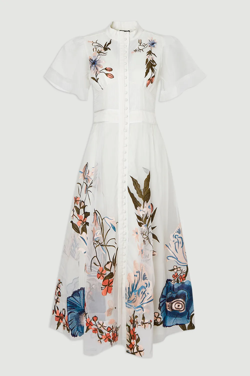 Botanical Embroidery Organdie Angel Sleeve Midi Dress BKK25966