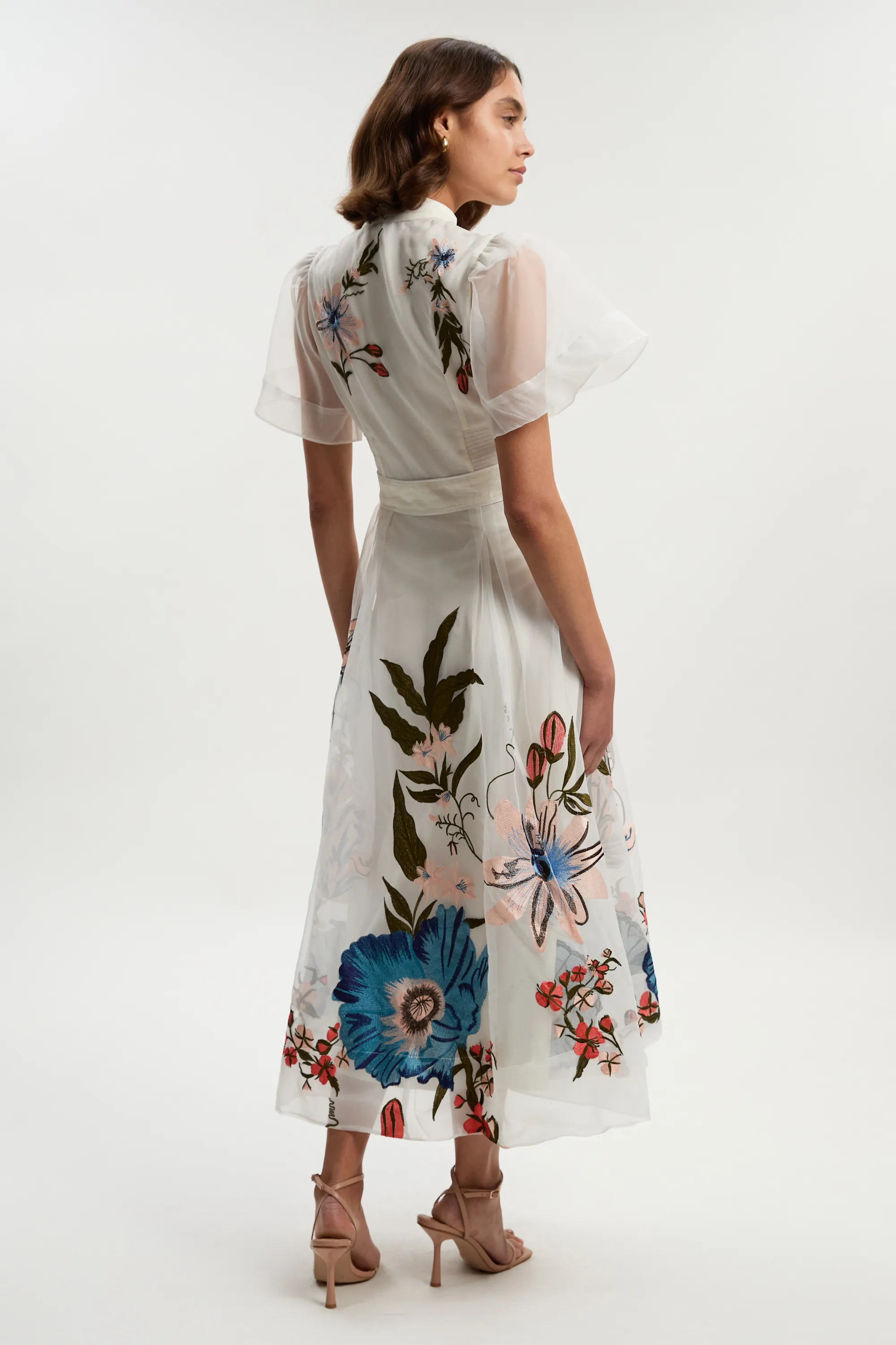 Botanical Embroidery Organdie Angel Sleeve Midi Dress BKK25966