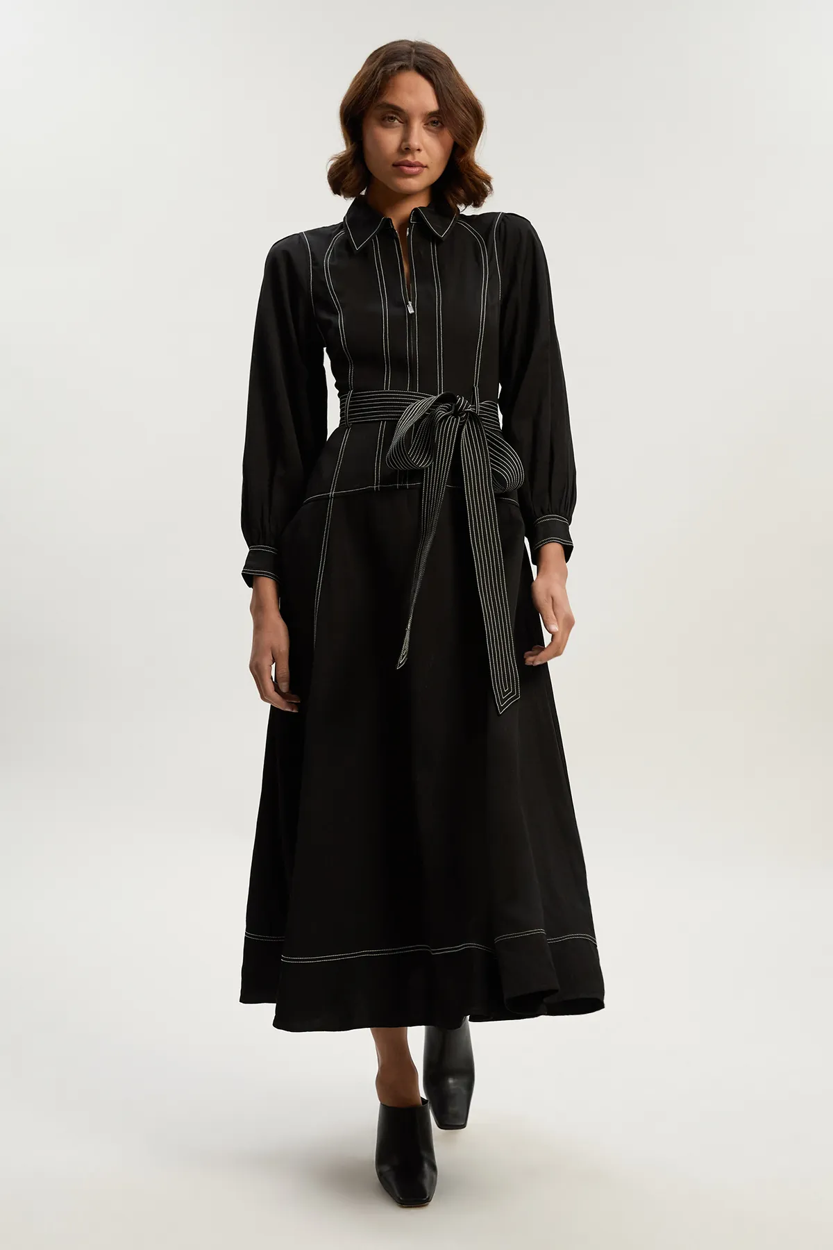 Premium Linen Twill Topstitch Woven Maxi Dress BKK25967