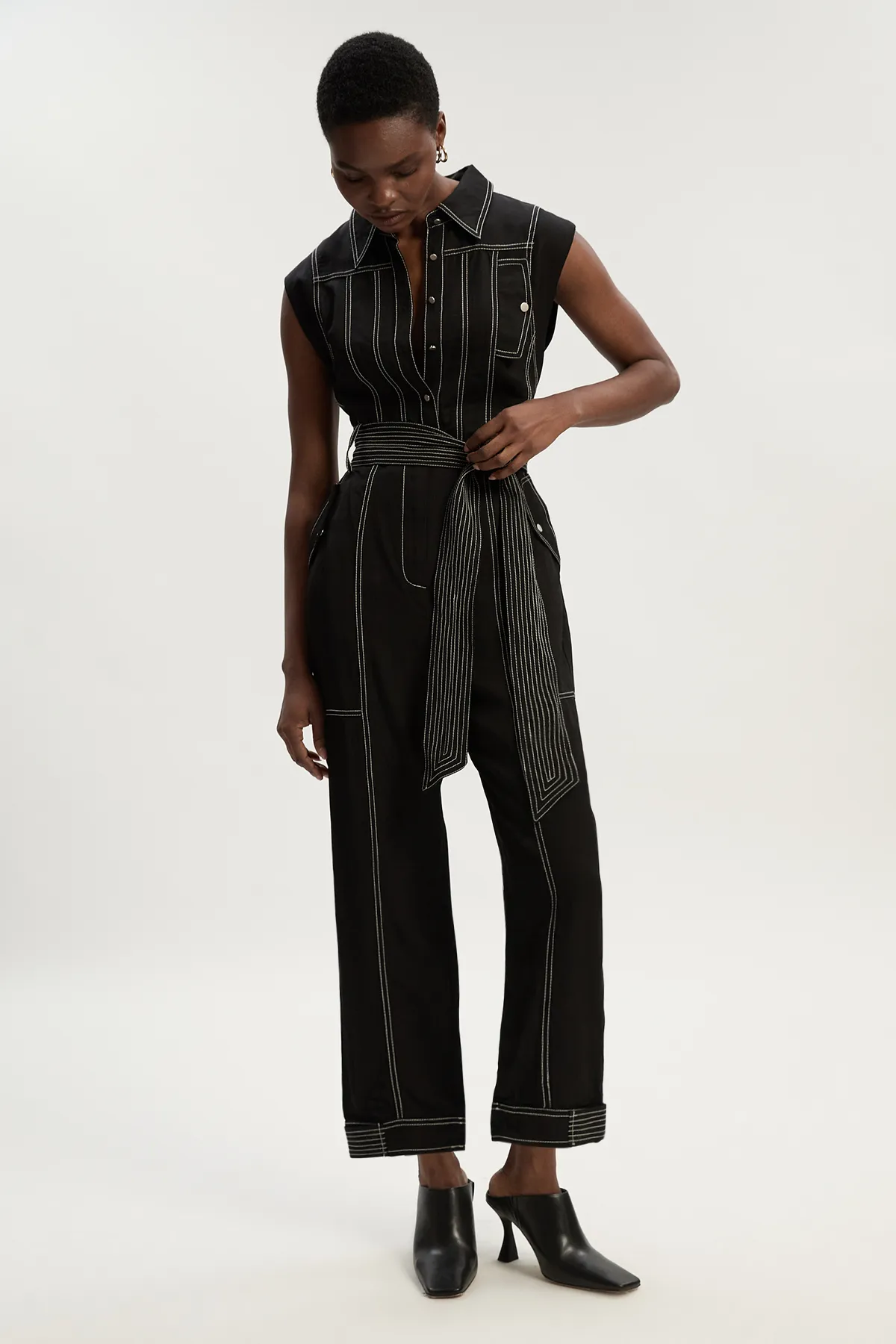 Premium Linen Twill Topstitch Woven Jumpsuit BKK25969