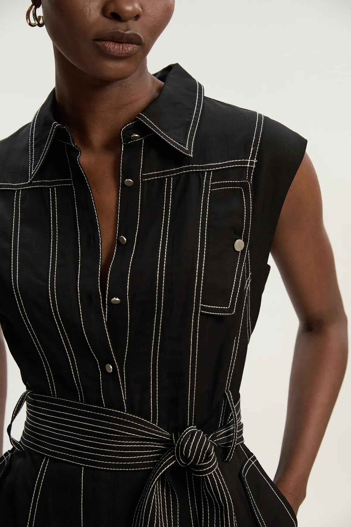 Premium Linen Twill Topstitch Woven Jumpsuit BKK25969