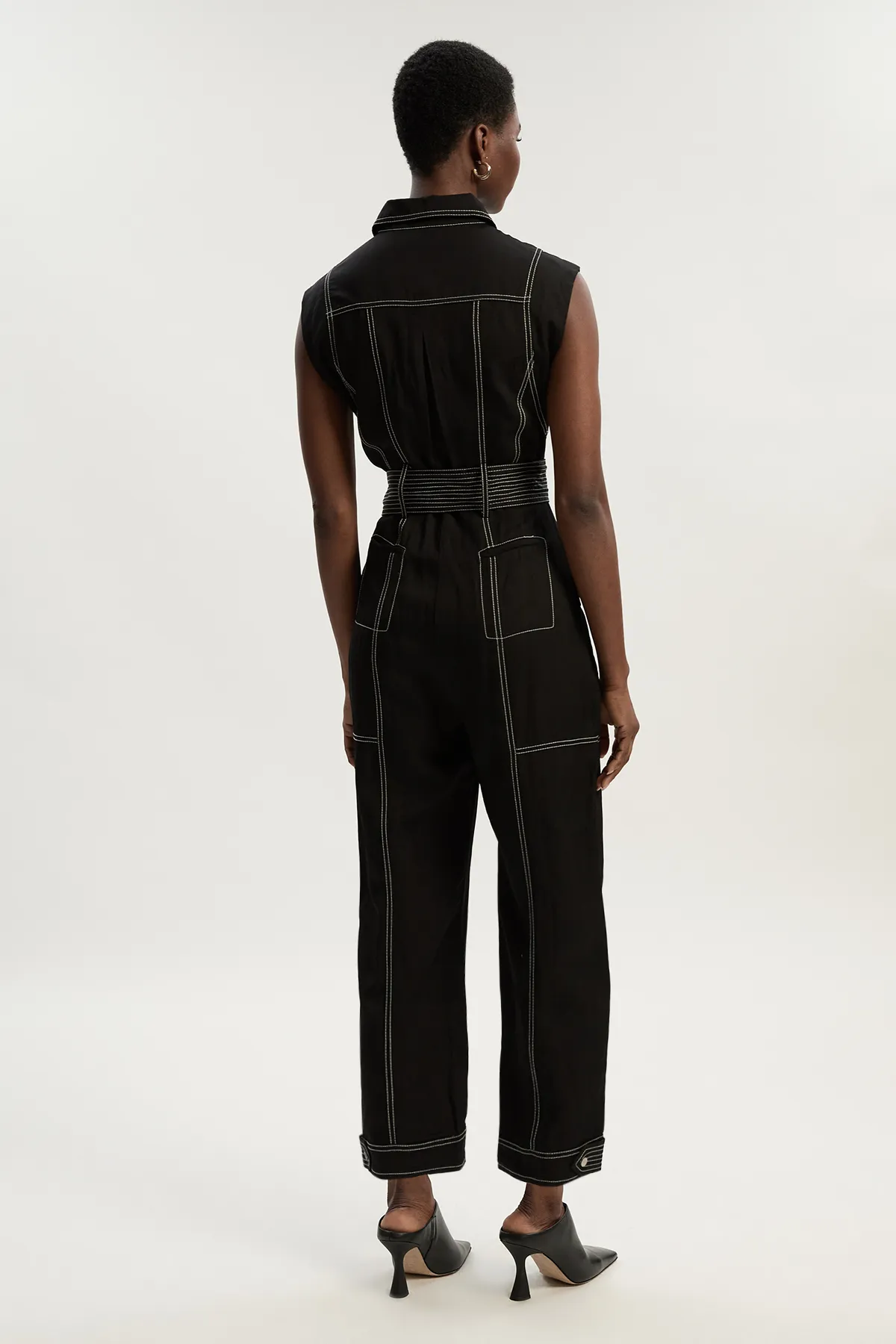 Premium Linen Twill Topstitch Woven Jumpsuit BKK25969 6 Premium Linen Twill Topstitch Woven Jumpsuit BKK25969