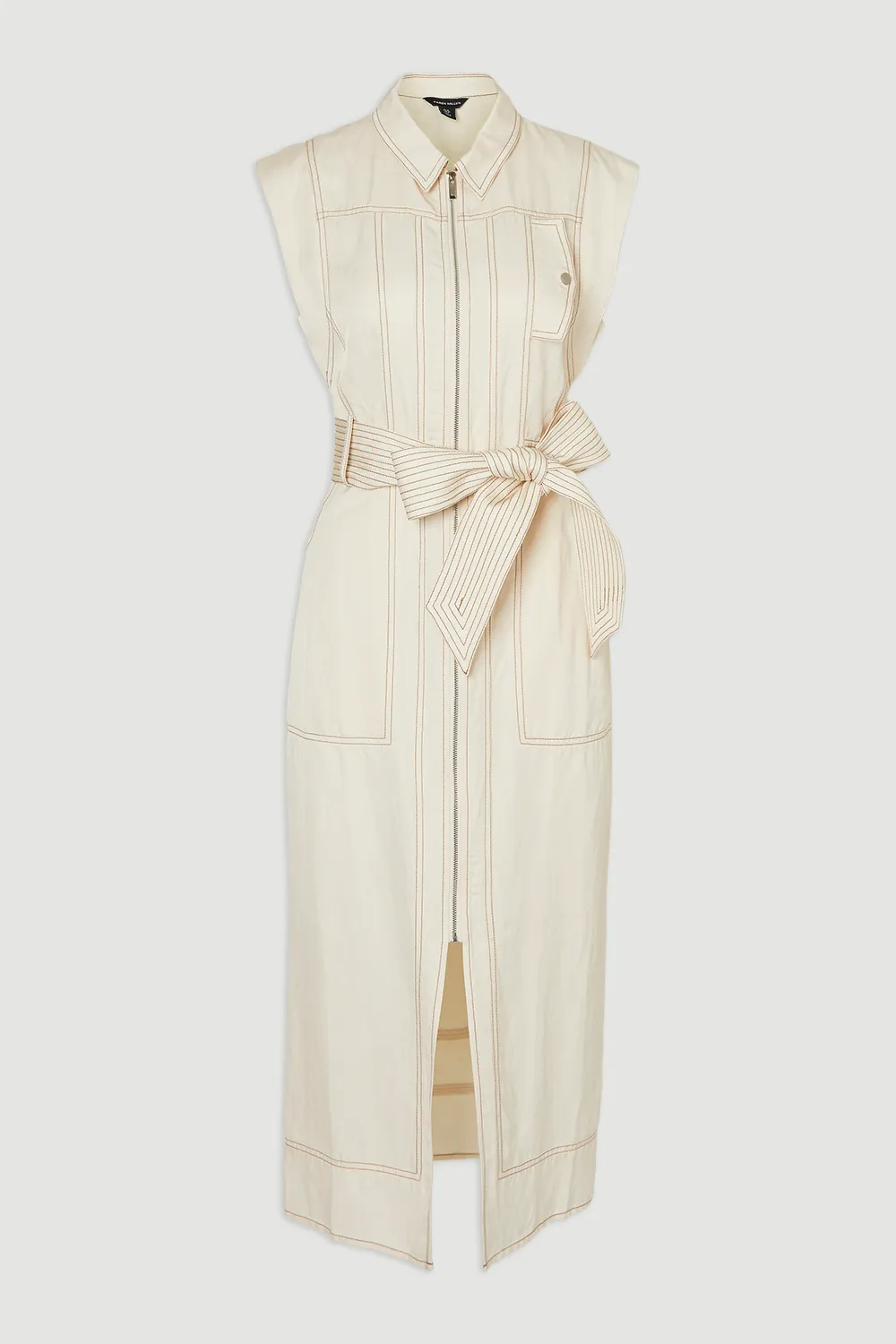 Premium Linen Twill Topstitch Woven Sleeveless Midi Dress BKK25968 4 Premium Linen Twill Topstitch Woven Sleeveless Midi Dress BKK25968