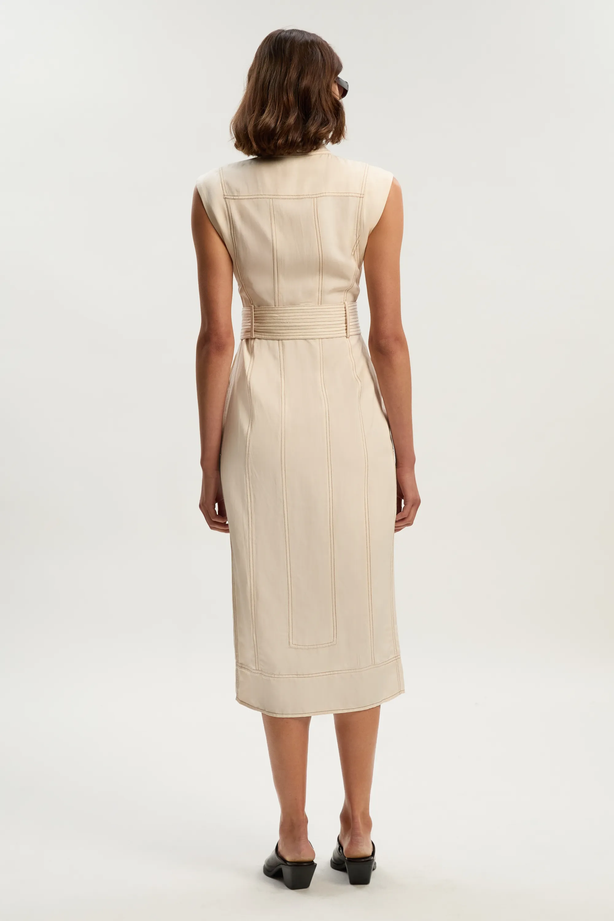 Premium Linen Twill Topstitch Woven Sleeveless Midi Dress BKK25968 5 Premium Linen Twill Topstitch Woven Sleeveless Midi Dress BKK25968