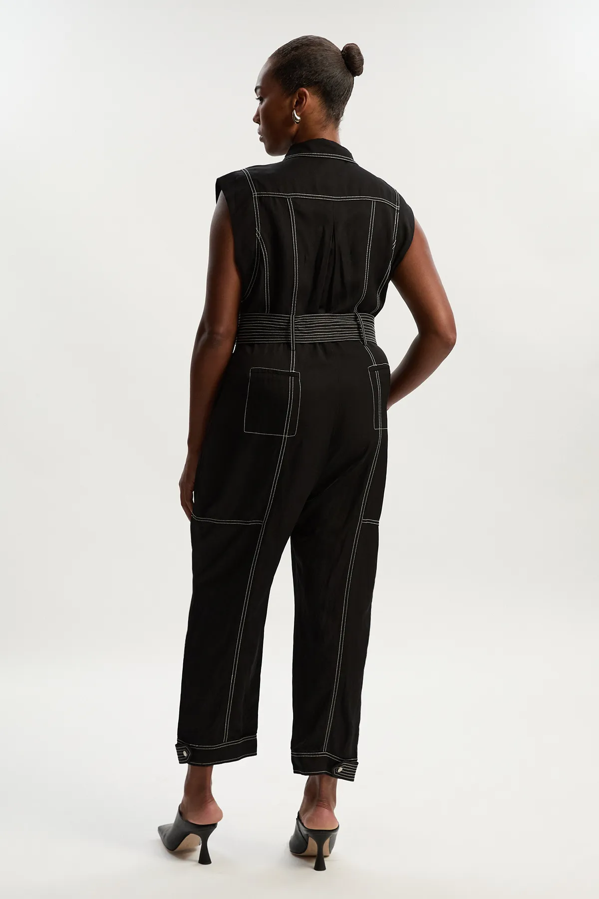 Plus Size Premium Linen Twill Topstitch Woven Jumpsuit BKK25972