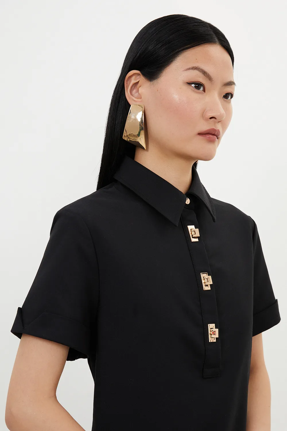 Petite Techno Cotton Woven Short Dress With Gold Clasps BKK26031