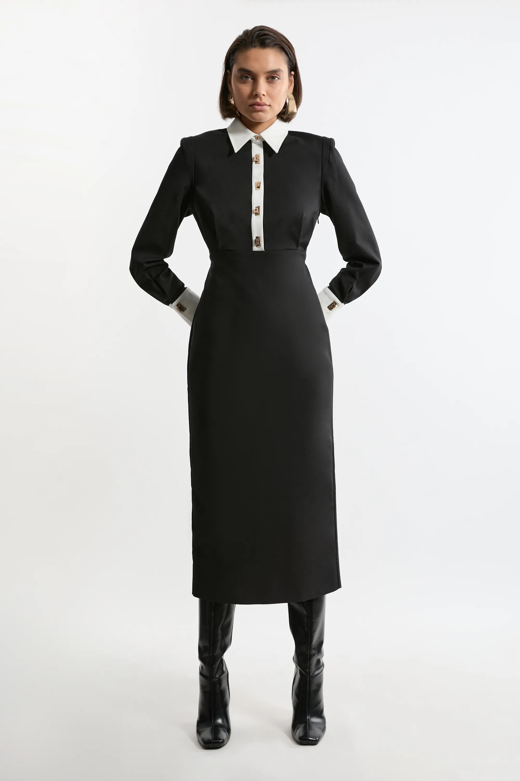 Petite Techno Cotton Woven Maxi Shirt Dress With Gold Clasps BKK26032