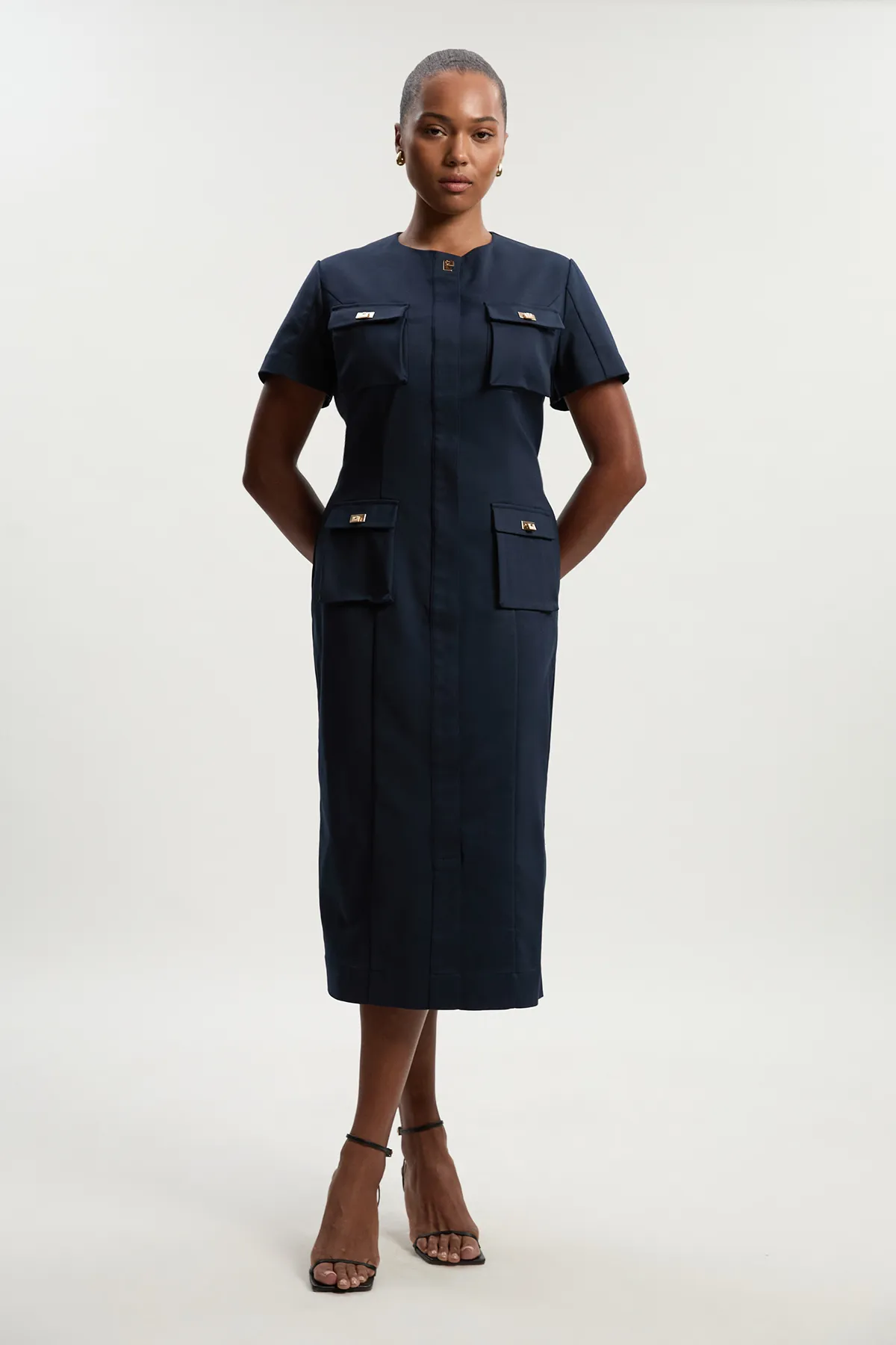 Plus Size Techno Short Sleeve Hardware Detail Woven Midi Dress BKK26054