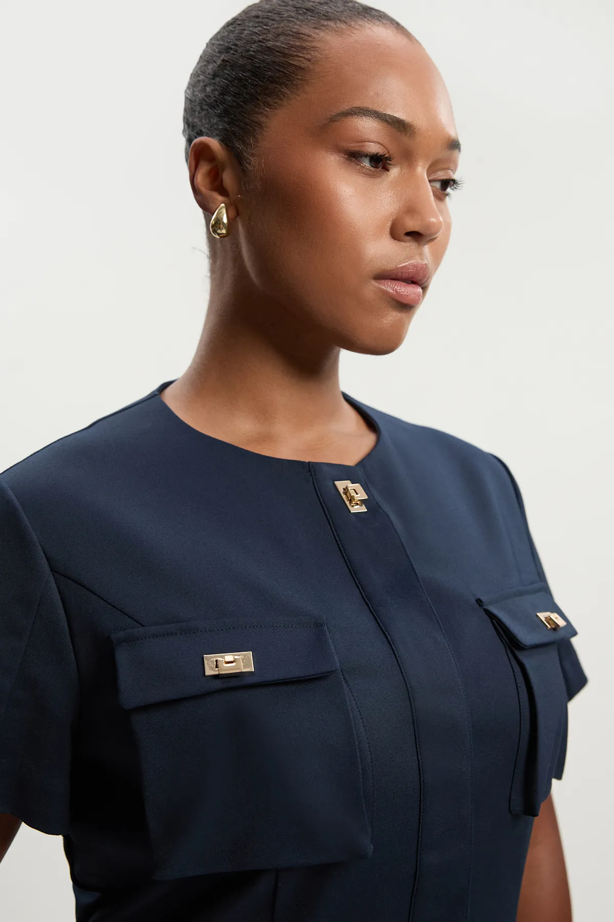 Plus Size Techno Short Sleeve Hardware Detail Woven Midi Dress BKK26054