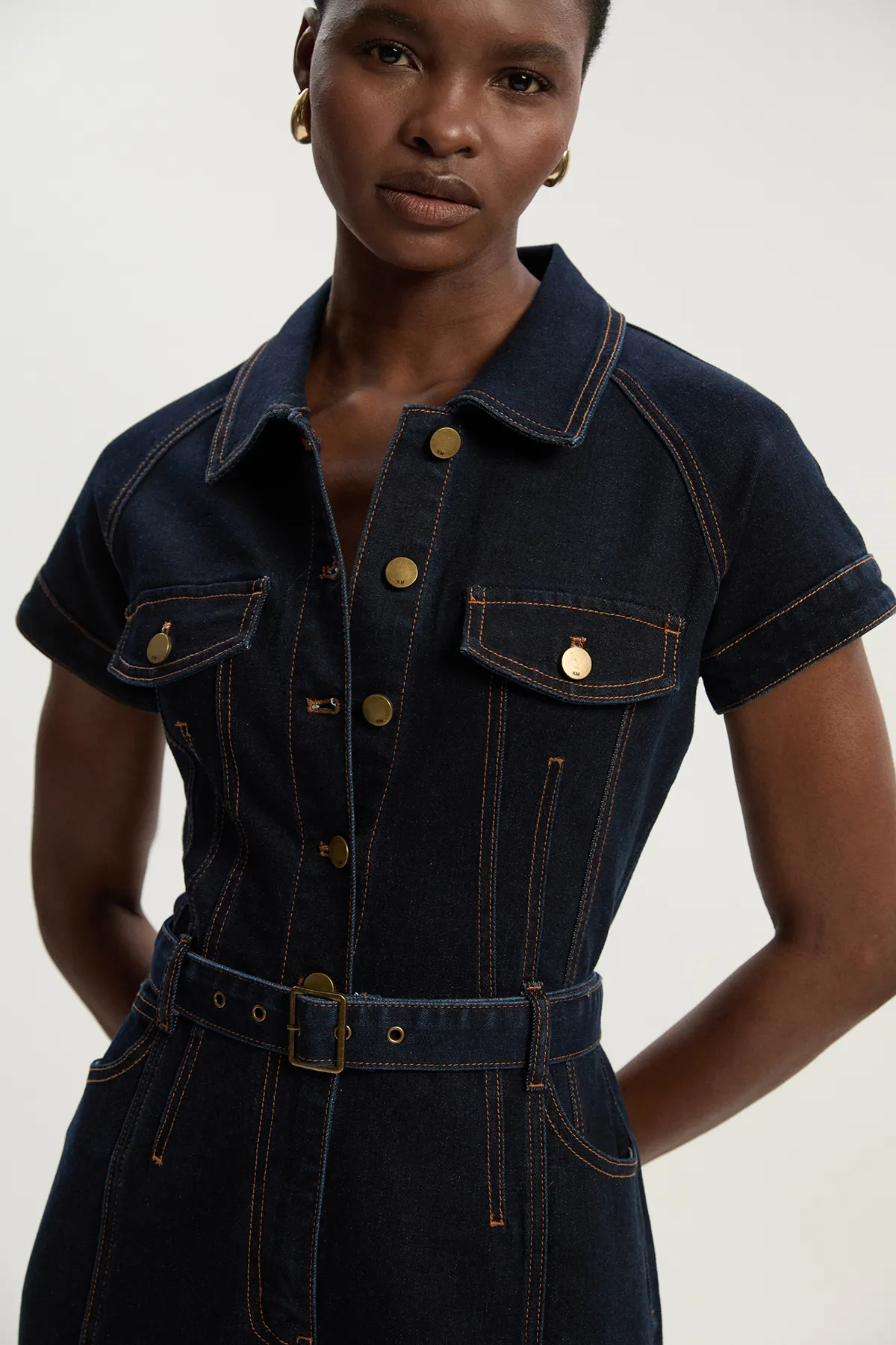 Petite Denim Corset Waist Detail Wide Leg Jumpsuit BKK26062