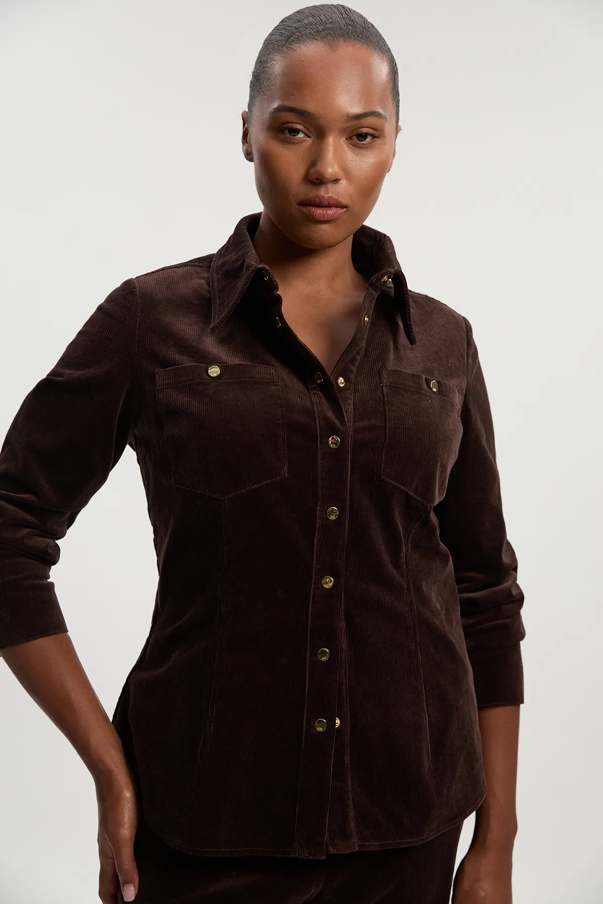 Plus Size Stretch Cord Tailored Shirt BKK26067