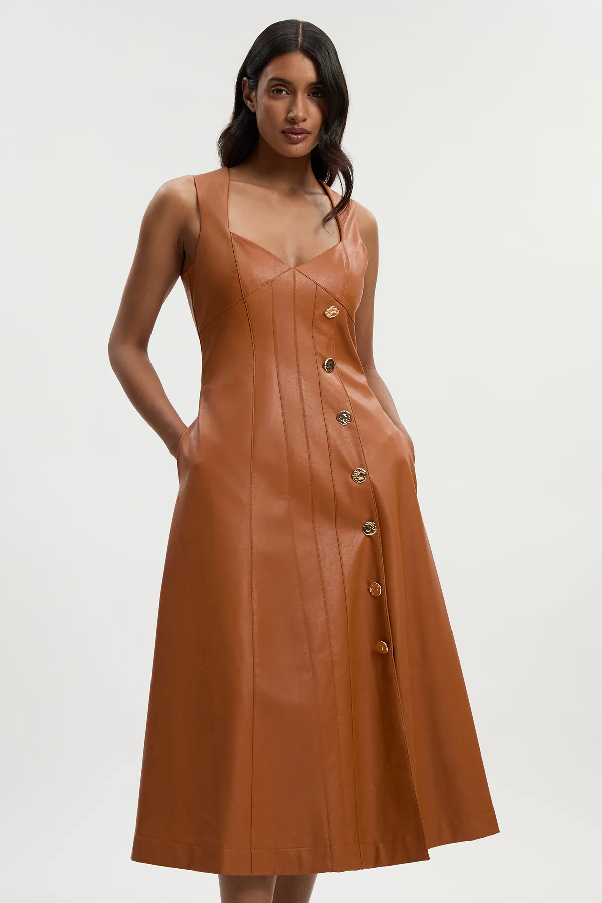 Faux Leather Button Detail Sleeveless Midi Dress BKK26078