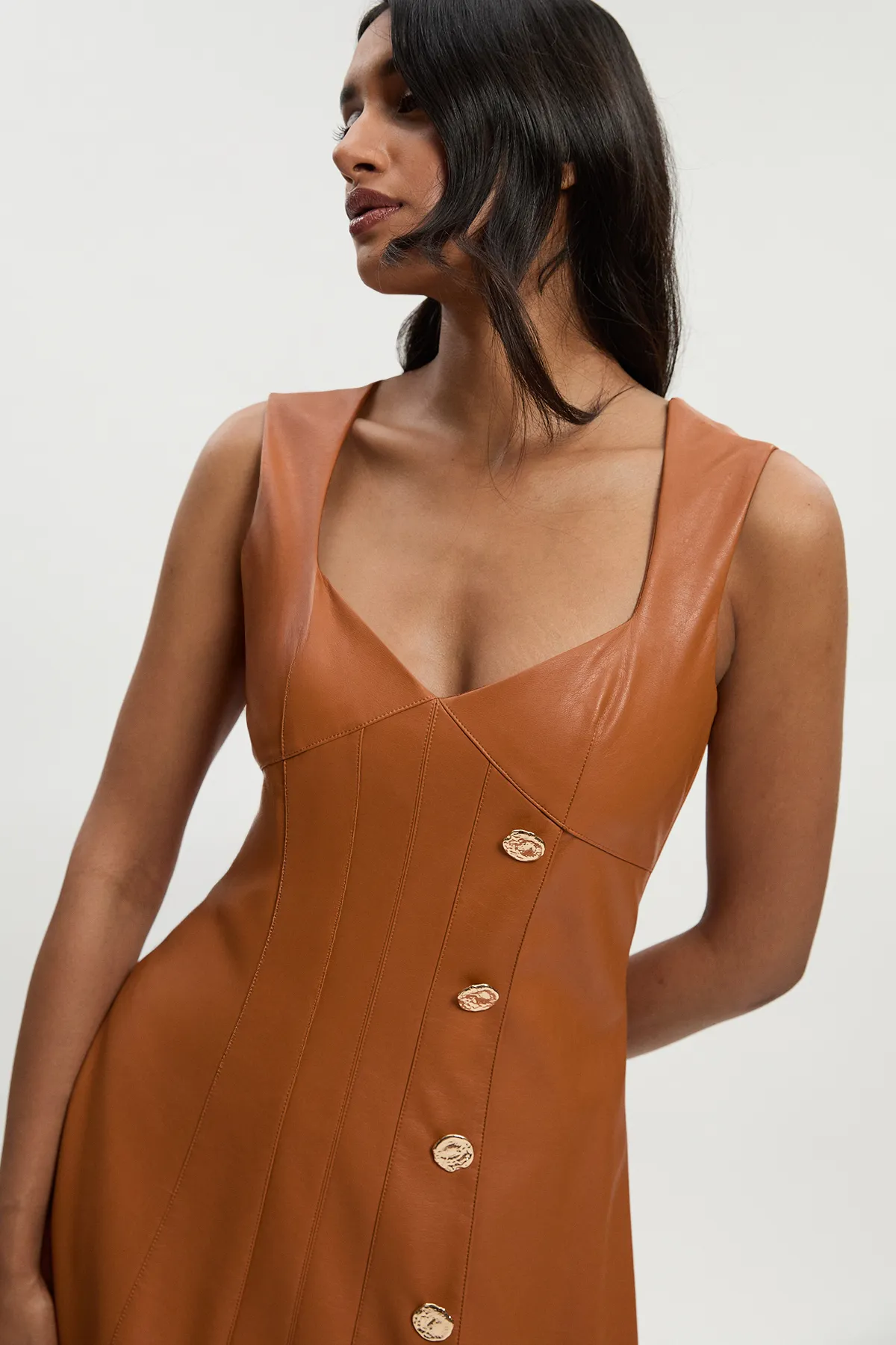 Faux Leather Button Detail Sleeveless Midi Dress BKK26078