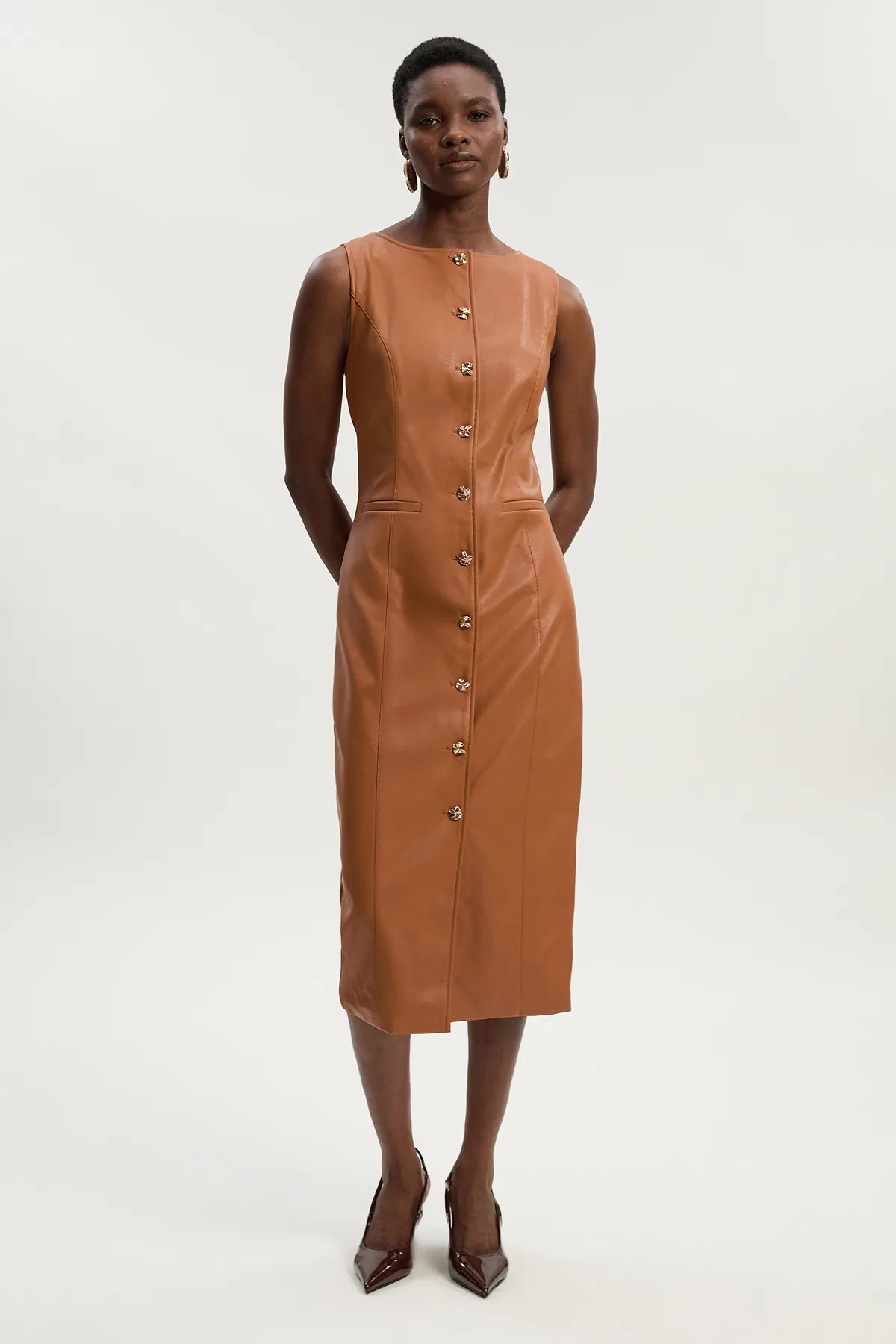 Petite Faux Leather Button Detail Midi Pencil Dress BKK26082