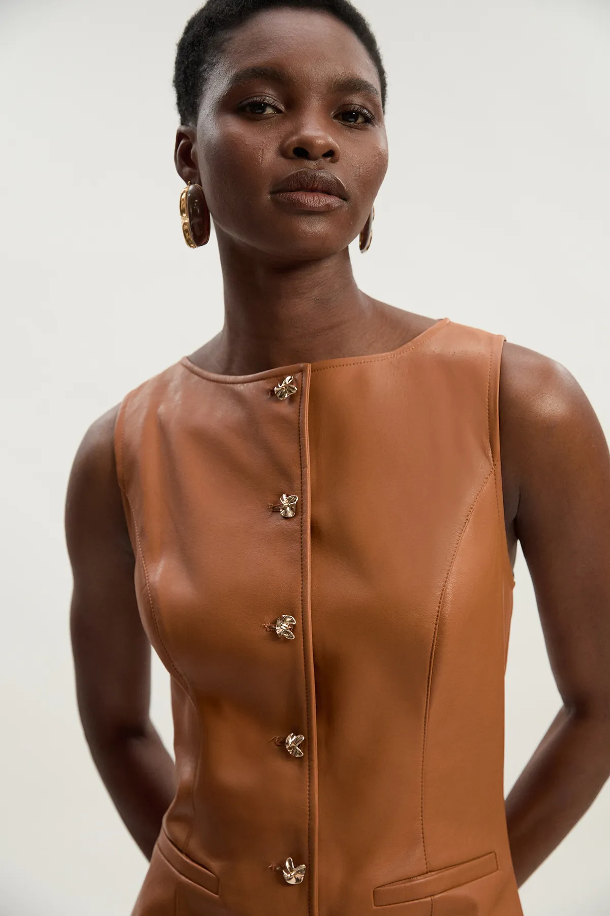 Petite Faux Leather Button Detail Midi Pencil Dress BKK26082