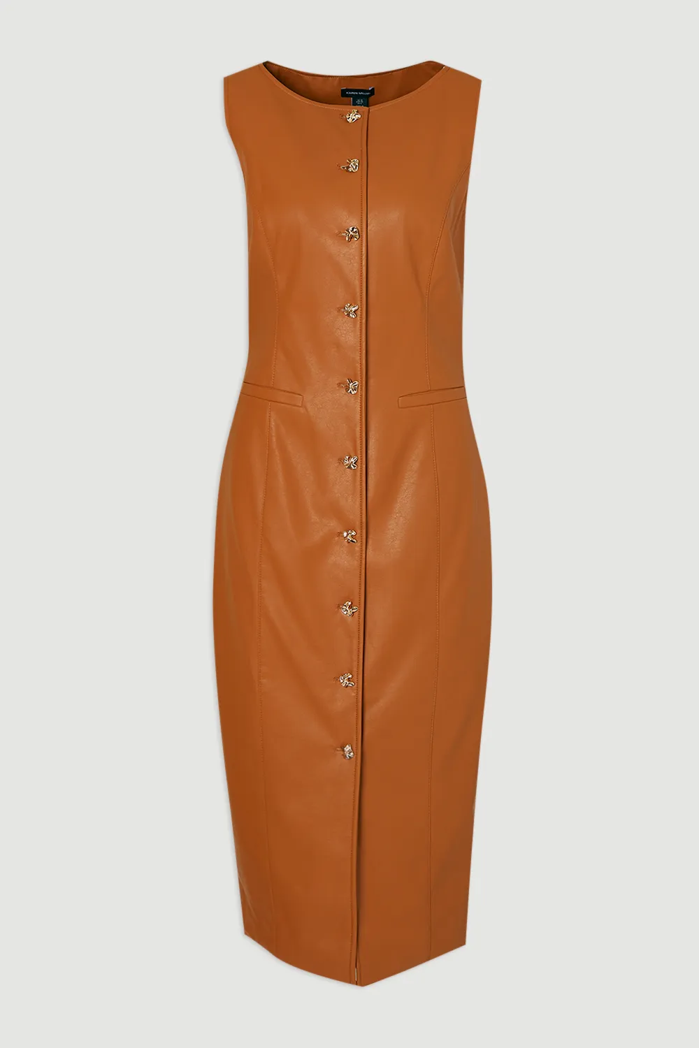 Petite Faux Leather Button Detail Midi Pencil Dress BKK26082 4 Petite Faux Leather Button Detail Midi Pencil Dress BKK26082