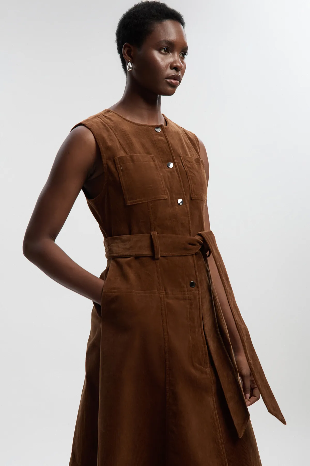 Petite Stretch Cord Belted Midi Dress BKK26089