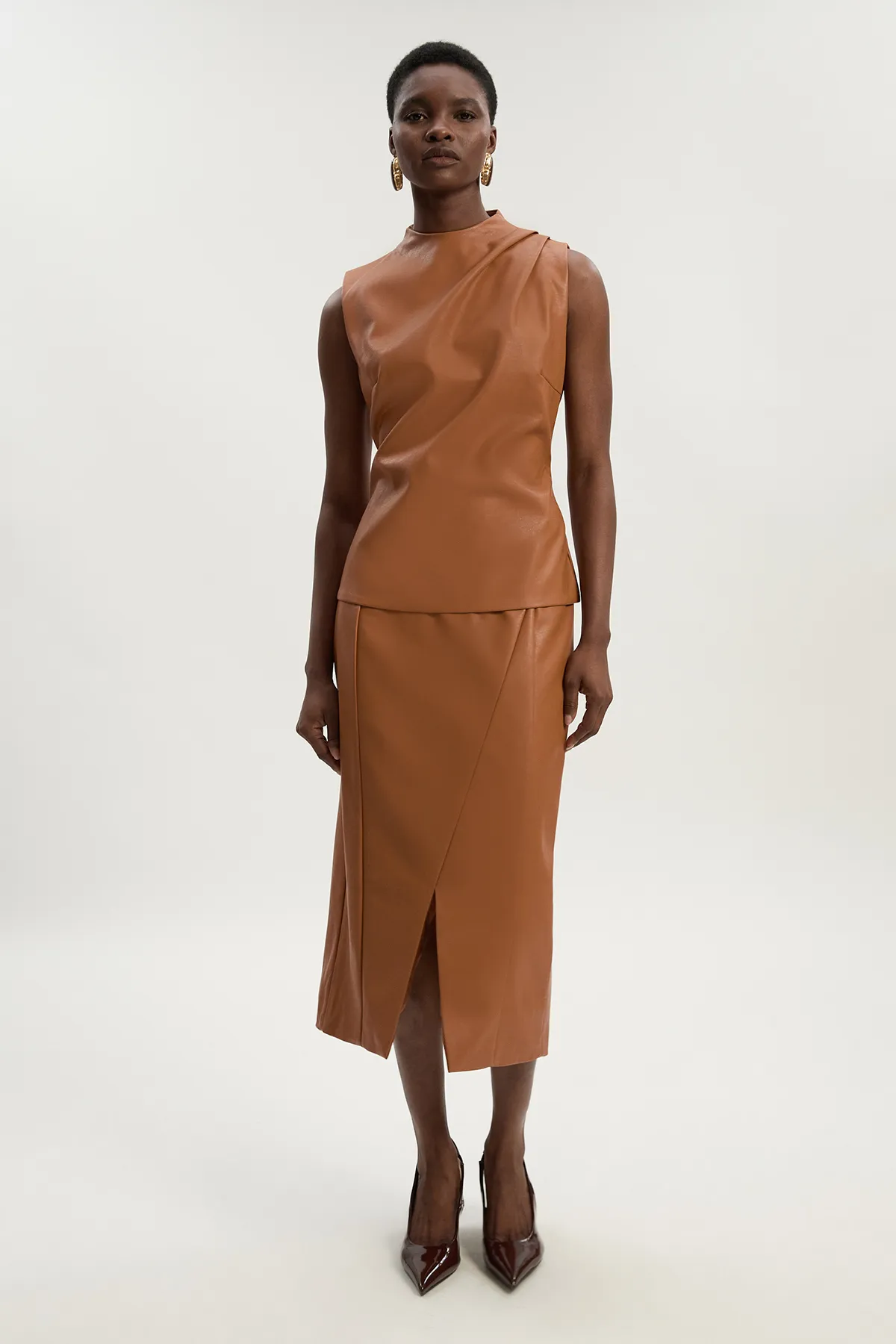 Faux Leather Drape Sleeveless Top BKK26091 3 Faux Leather Drape Sleeveless Top BKK26091